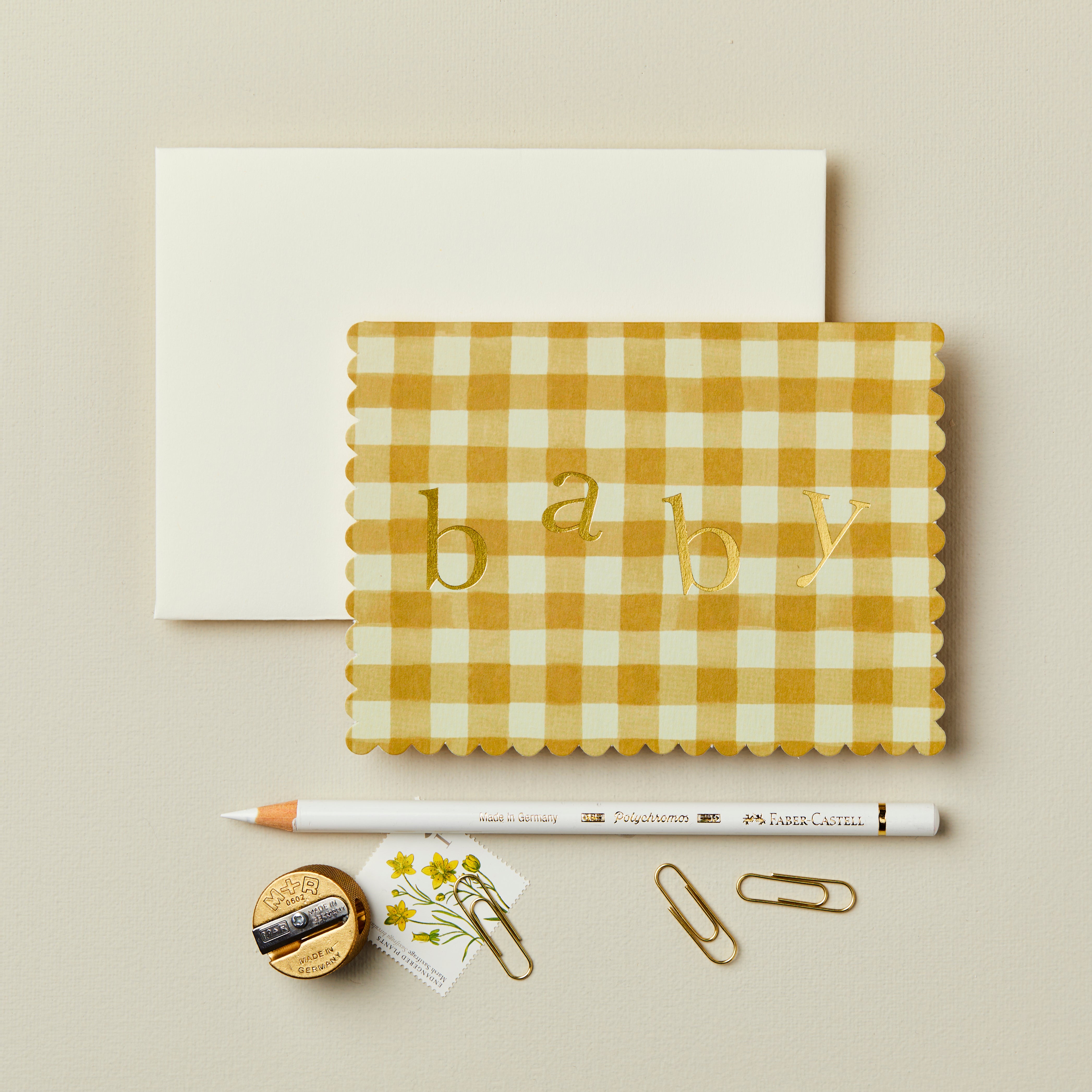 'Baby' Mustard Gingham Greetings Card