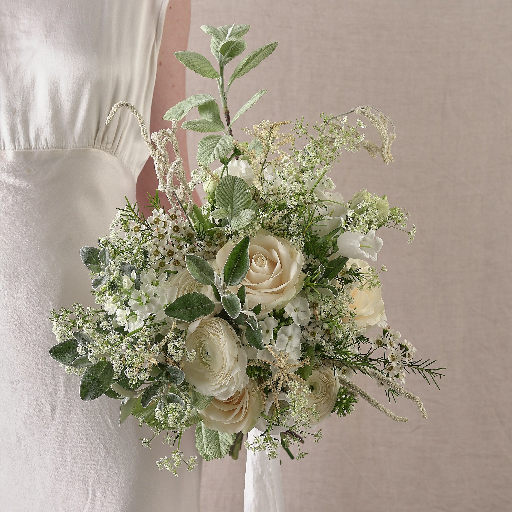 Bridal Bouquet - Loose Style of White Hydrangea, Roses and Foliage