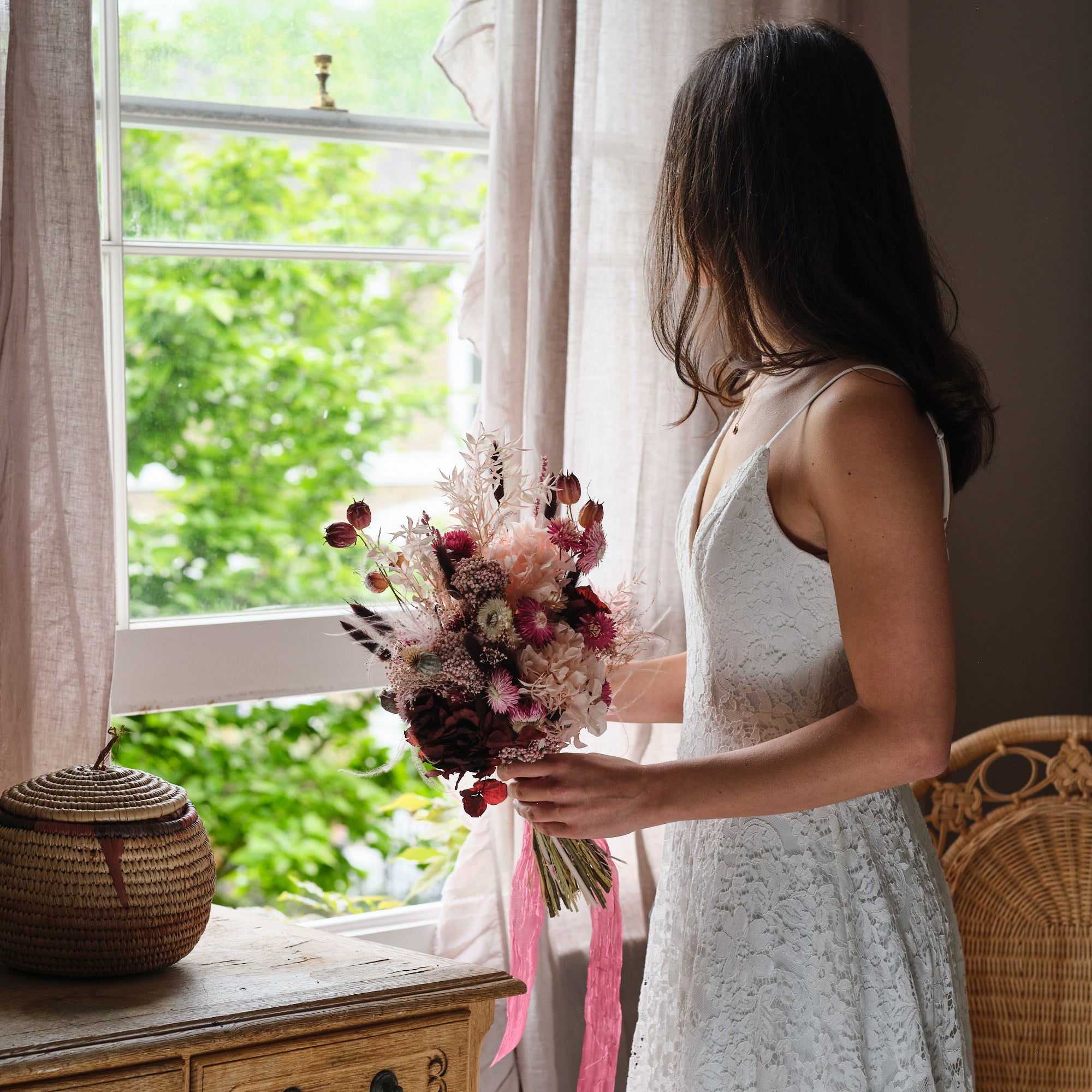 pink & burgundy dried flower bridal bouquet made with preserved flowers