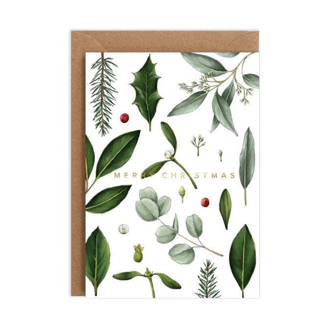 Merry Christmas Greenery Card | White