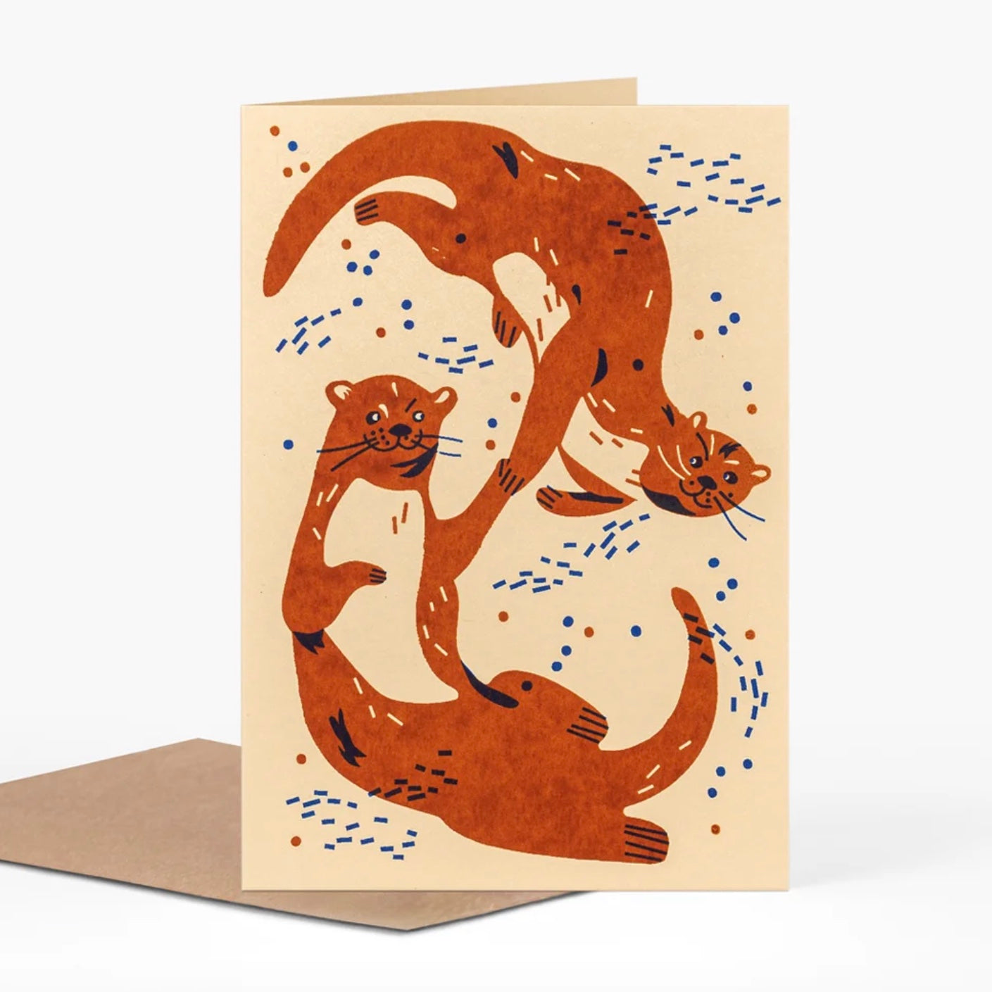 Hand Printed Hand Holding Otters Greetings Card