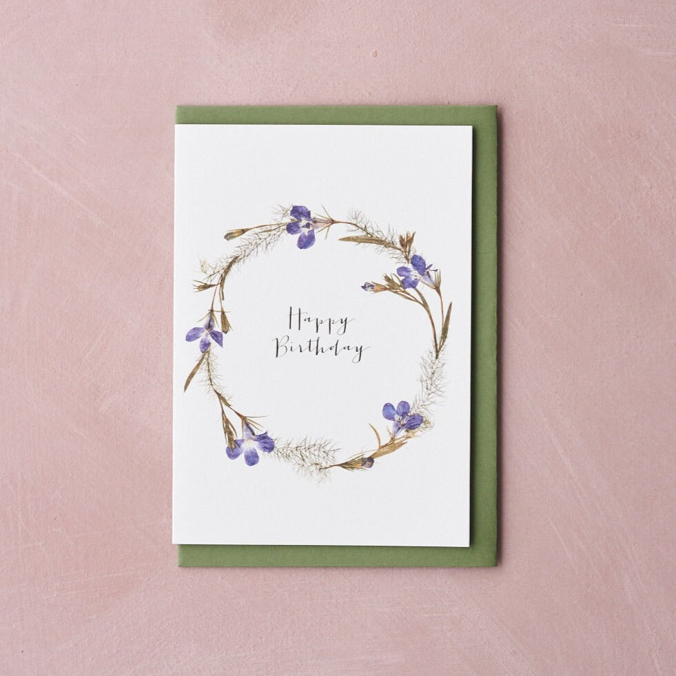 happy birthday pressed flower wreath card