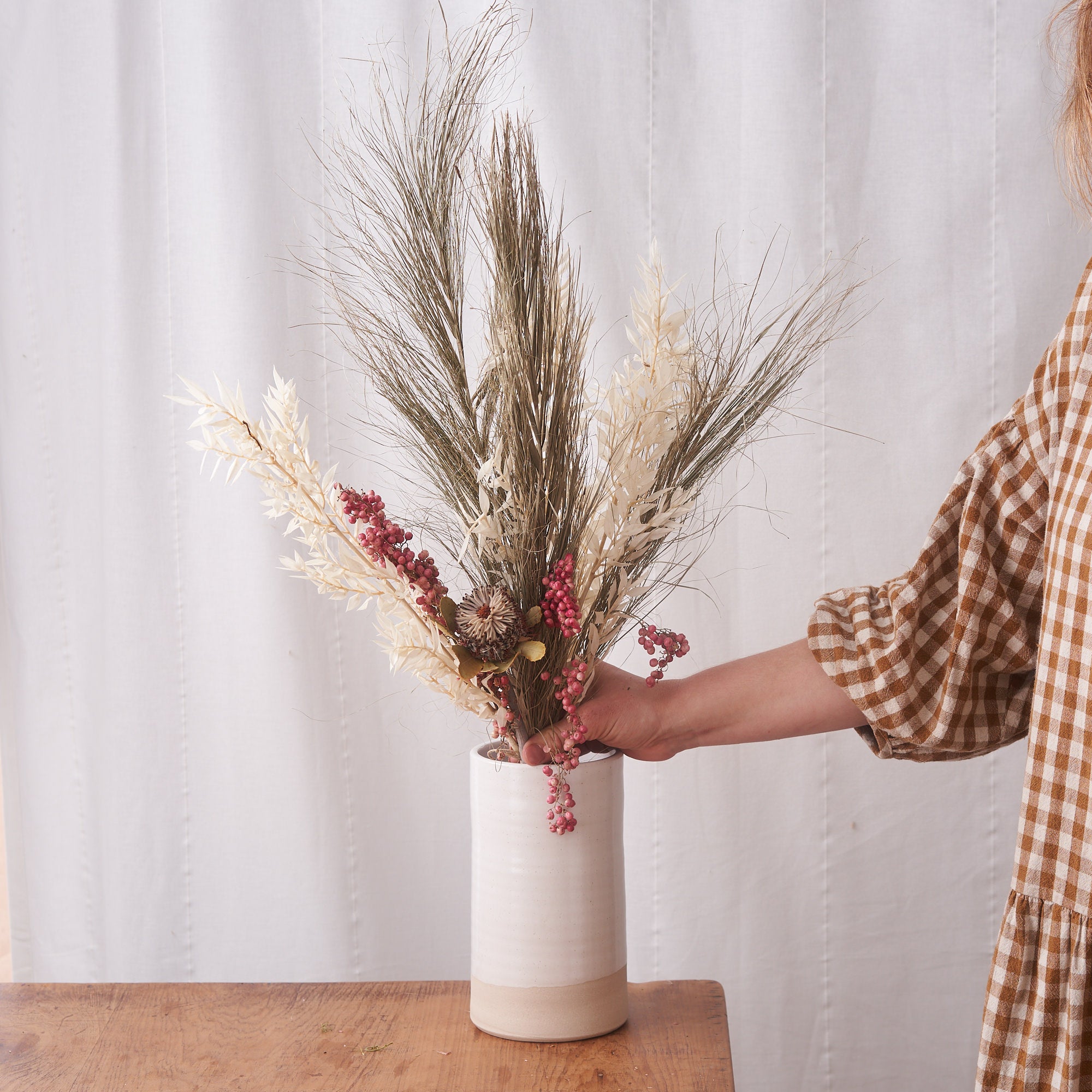 Coral Reef: date palm, peppercorn, bleached ruscus and banksia