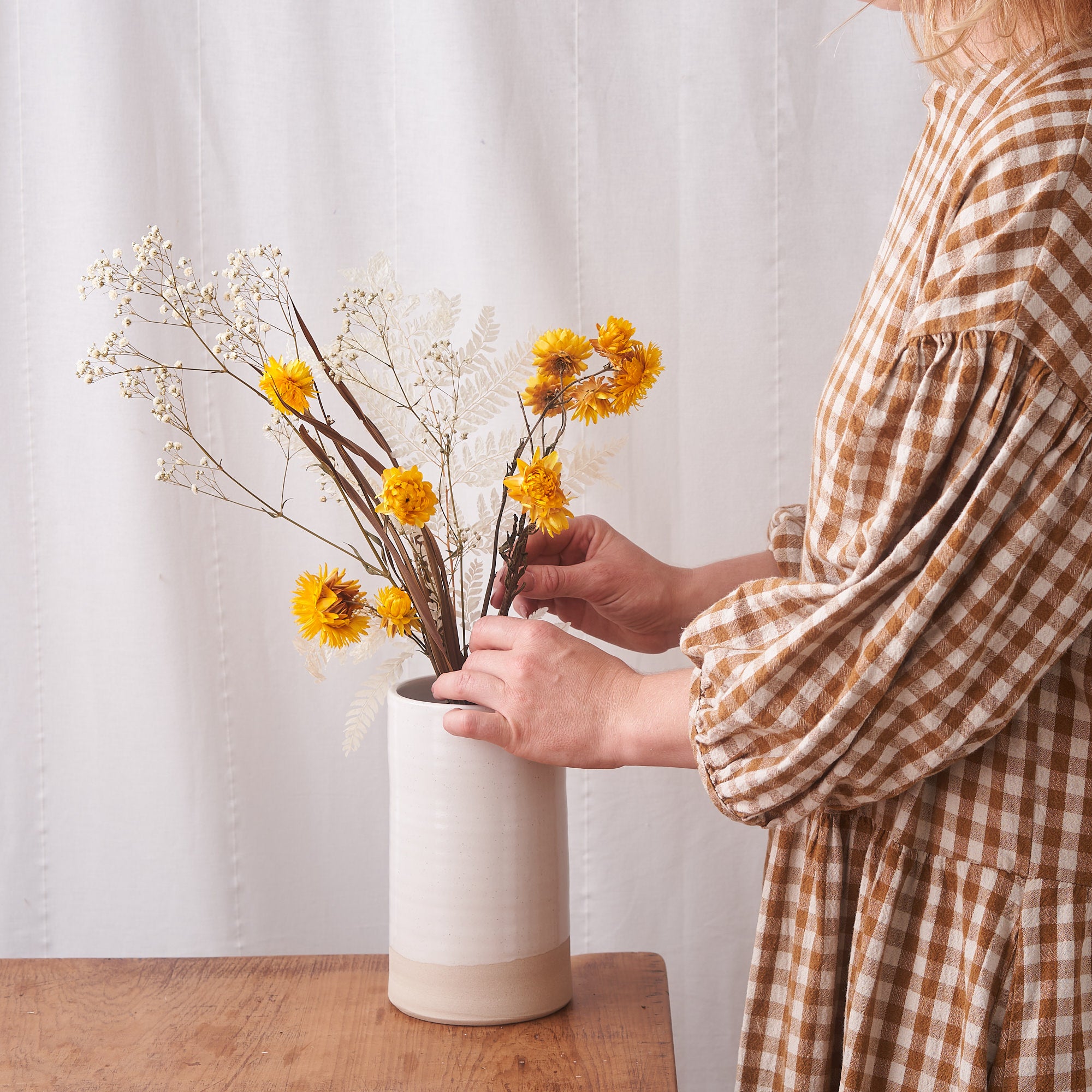 Sun Beam: bleached fern, white gyp and yellow straw flower