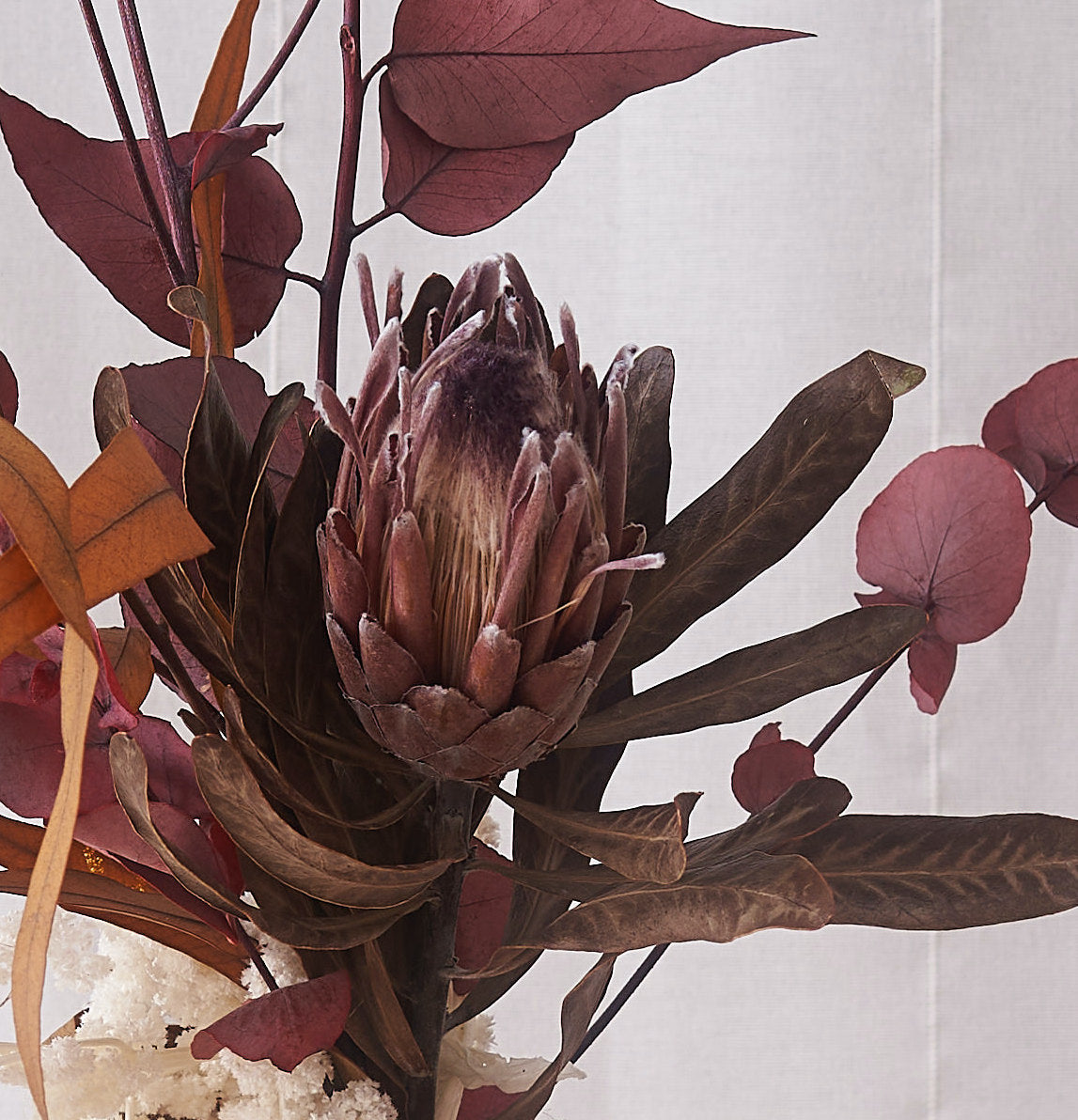 Signs of Autumn: Rainbow eucalyptus, Bleached Amaranthus and Protea