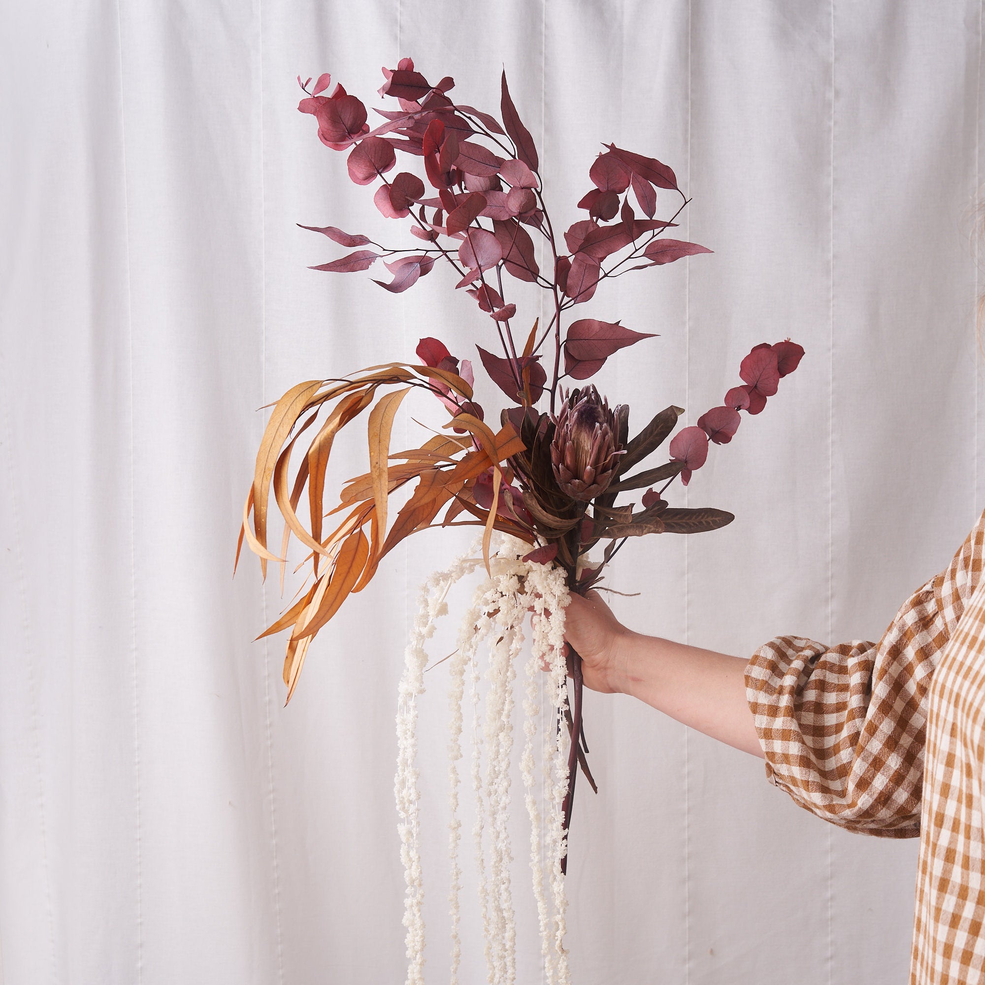 Signs of Autumn: Rainbow eucalyptus, Bleached Amaranthus and Protea
