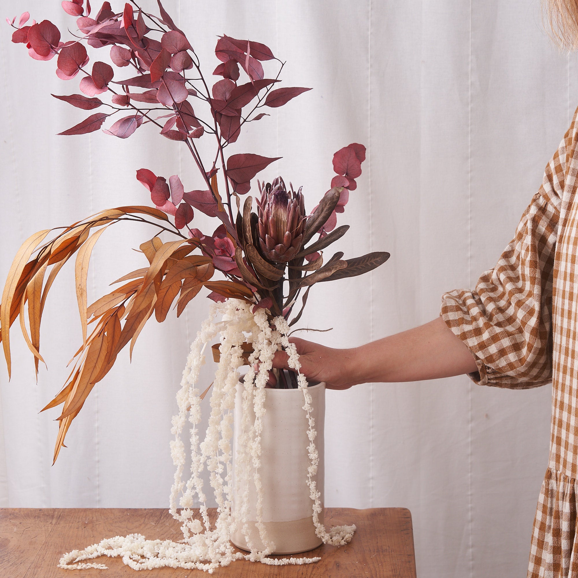 Signs of Autumn: Rainbow eucalyptus, Bleached Amaranthus and Protea