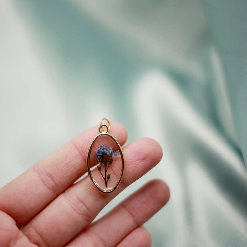 Forget Me Not Framed Pressed Flower Resin Necklace
