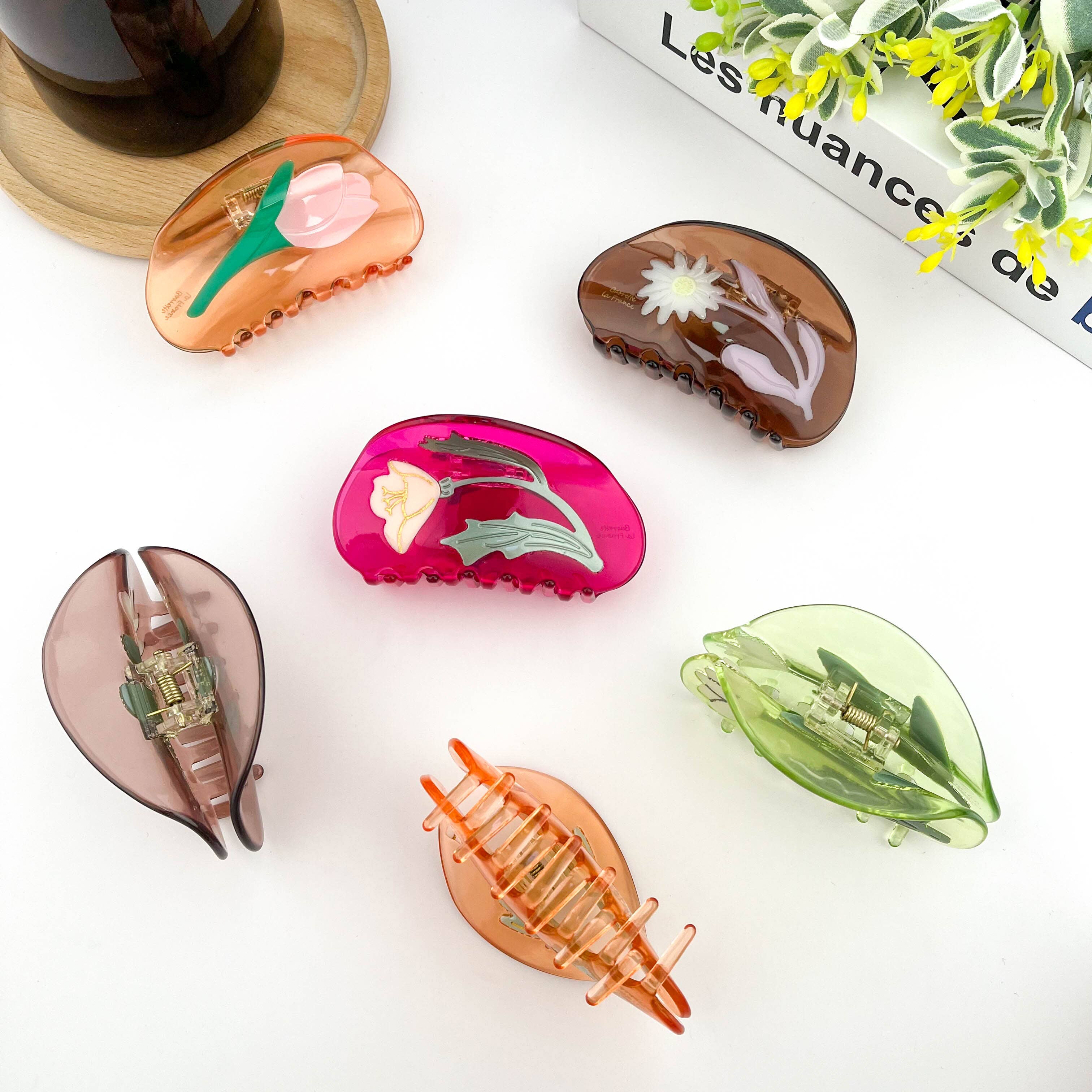 Semi-Circular Floral Hair Clip, Springtime Acetate Claw Clip