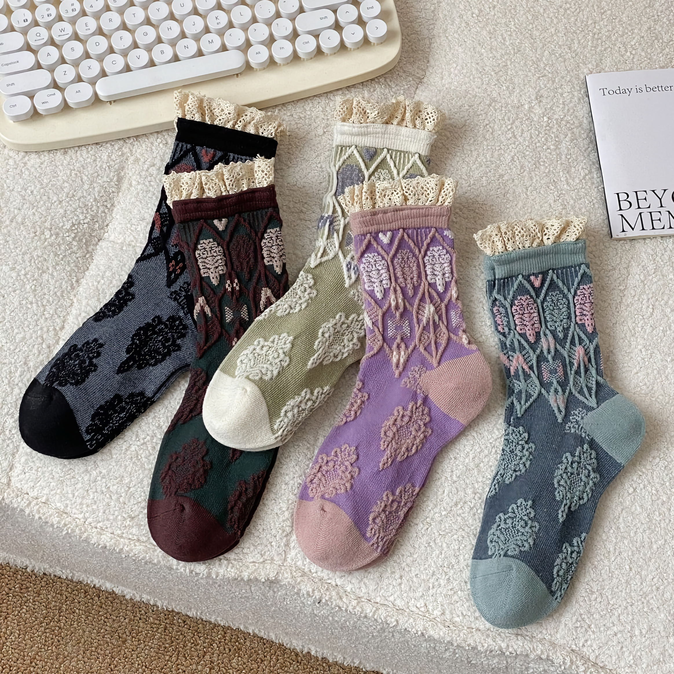 All-Season Lace-Trimmed Cotton Socks for Women | 5 Colours Available