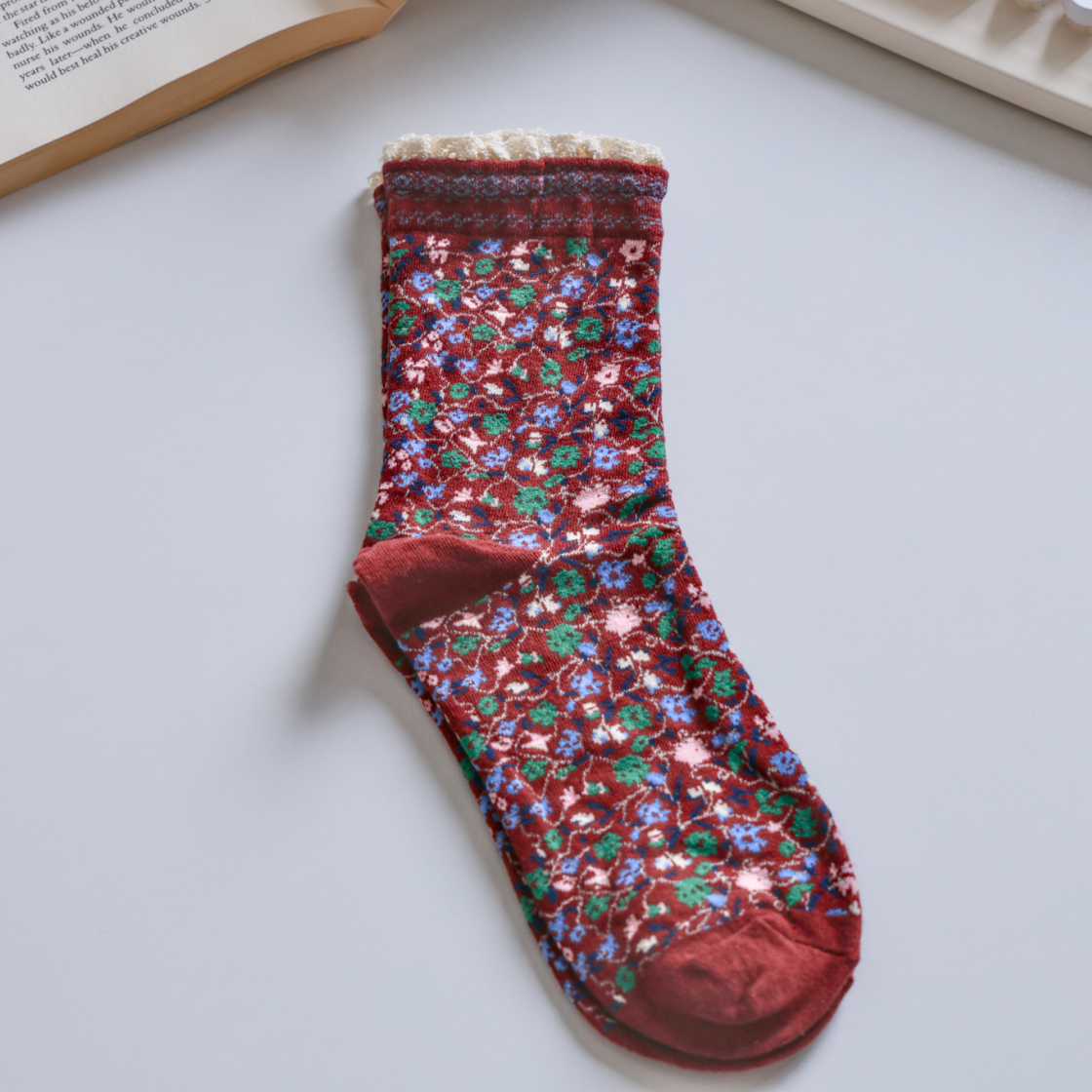 Lace-Trimmed Cotton Socks with Ditsy Floral Print | 3 Colours Available