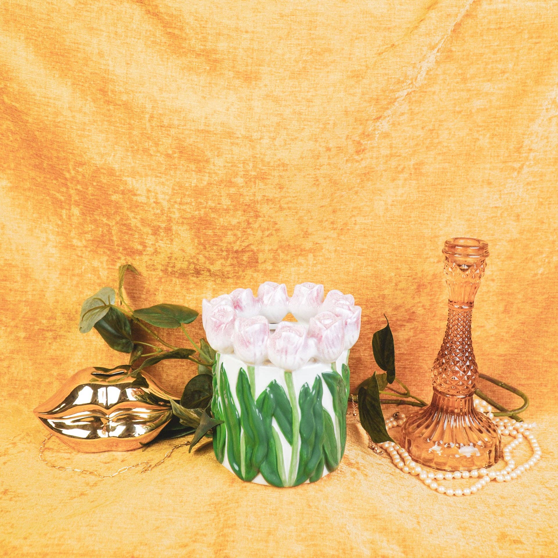 Tulips Vase | Light Pink & Green | Straight Sides