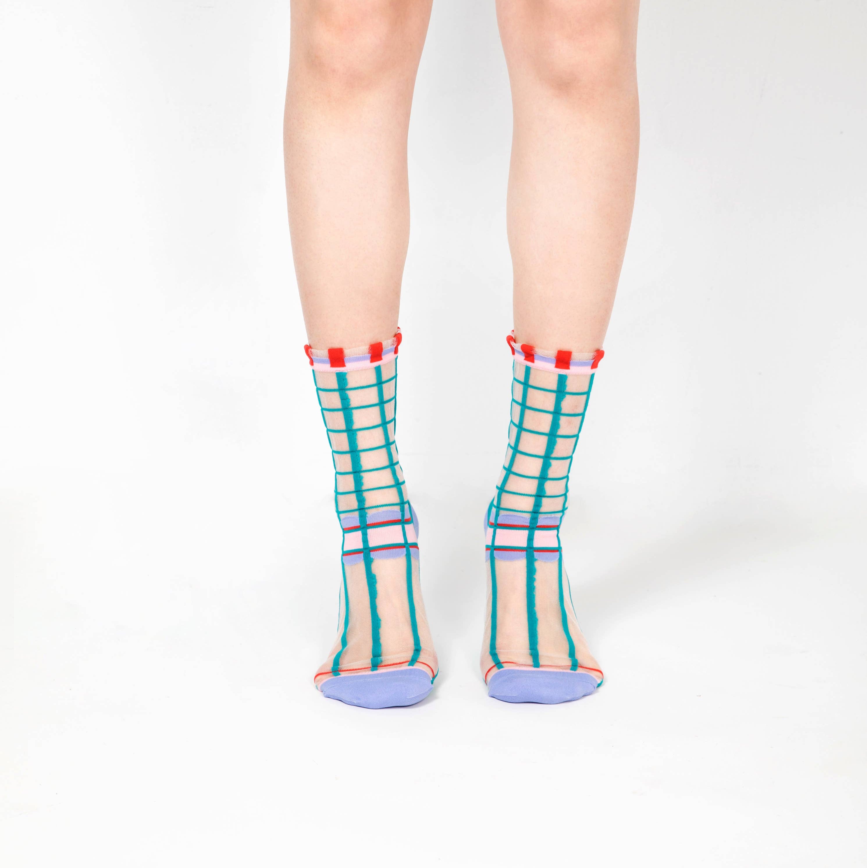 Grids with Polka Dots Sheer Socks | Teal green
