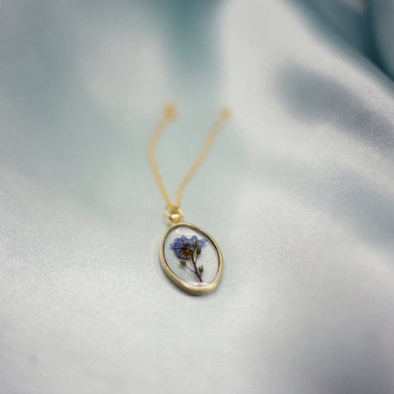 Forget Me Not Framed Pressed Flower Resin Necklace