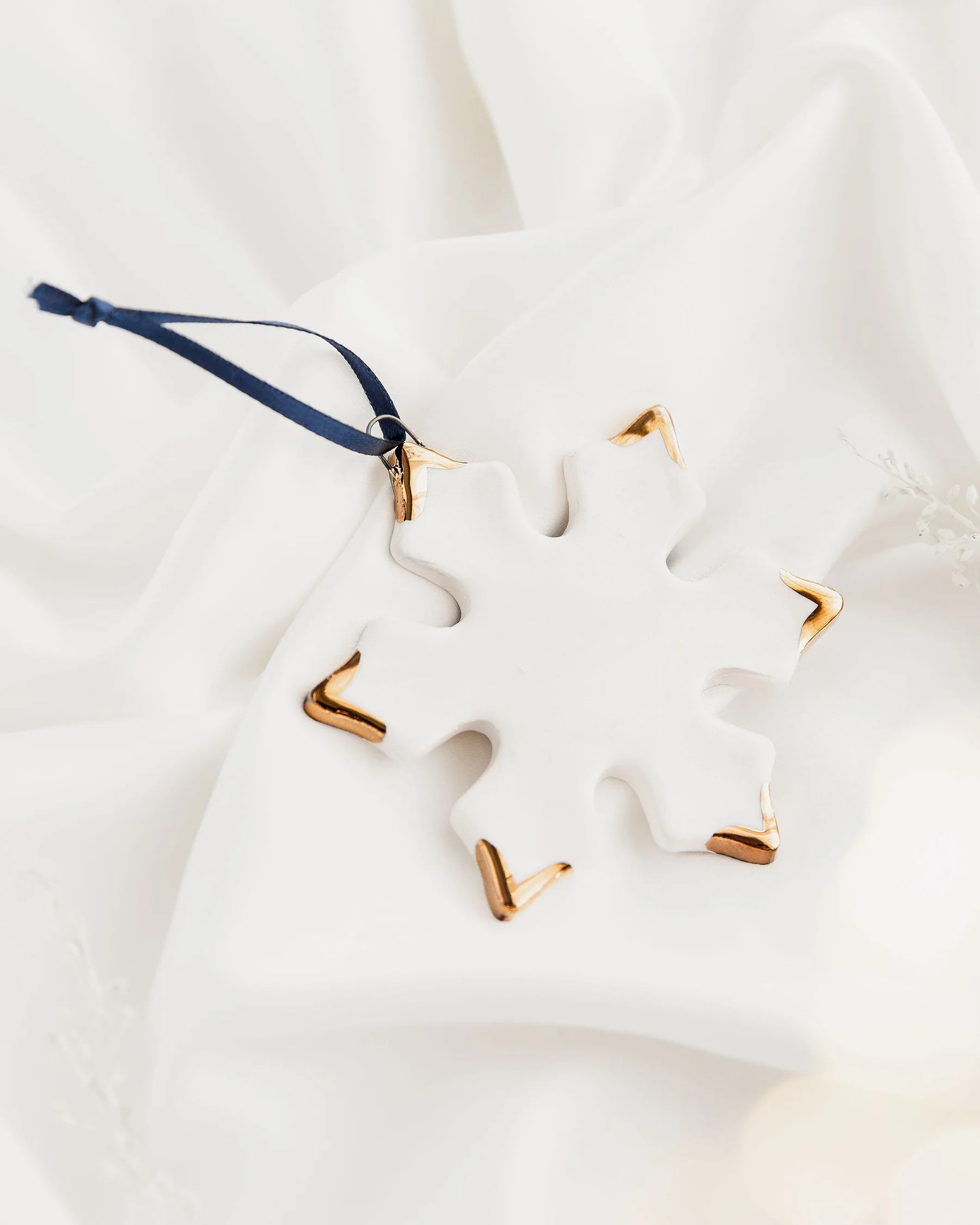 Ceramic White Snowflake Ornament with Gold Tips