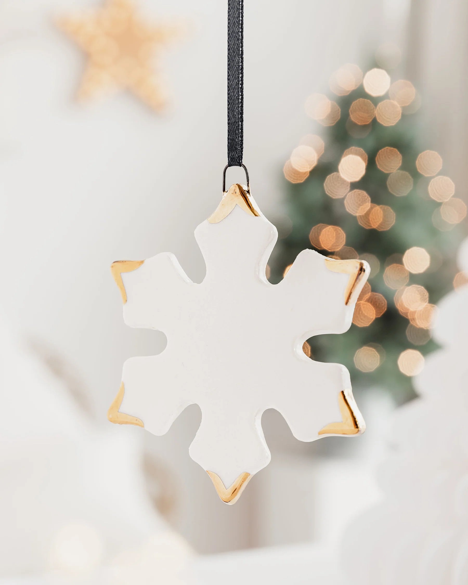 Ceramic White Snowflake Ornament with Gold Tips