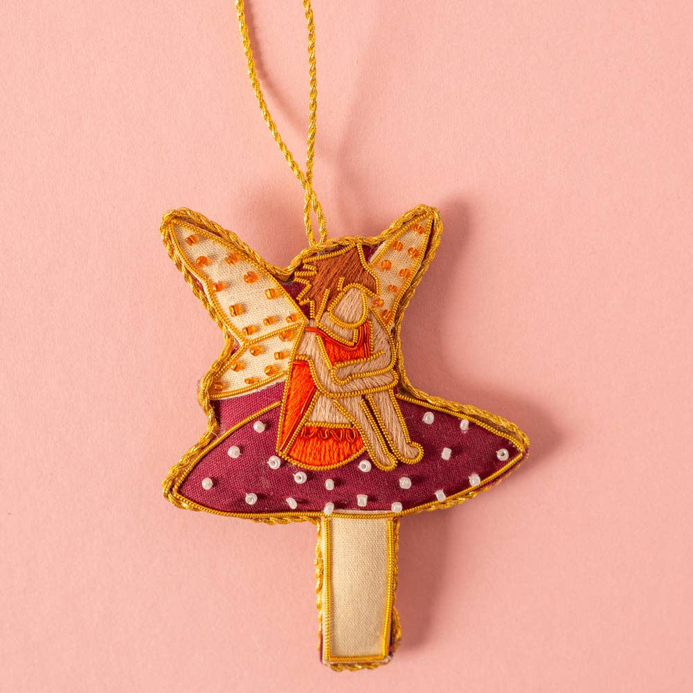 Beaded Fairy Sitting on a Toadstool Decoration