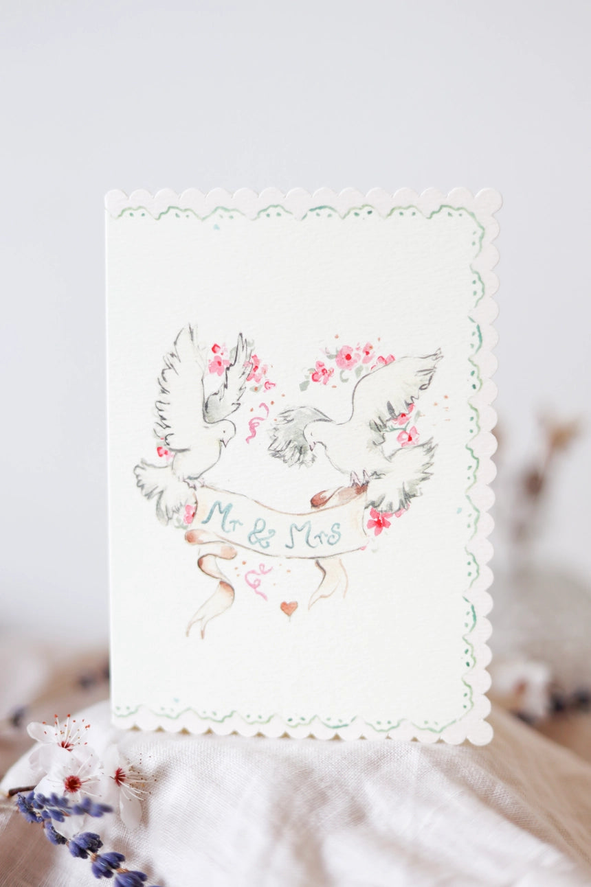 'Mr & Mrs' Doves Scalloped Greetings Card