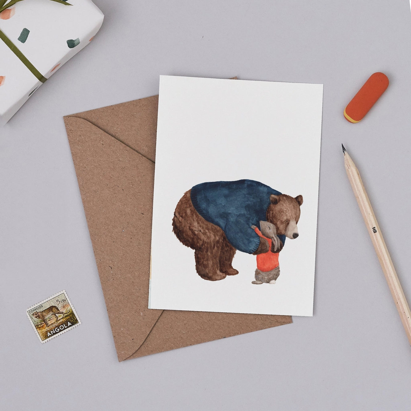 Bear and Rabbit Hug Greetings Card