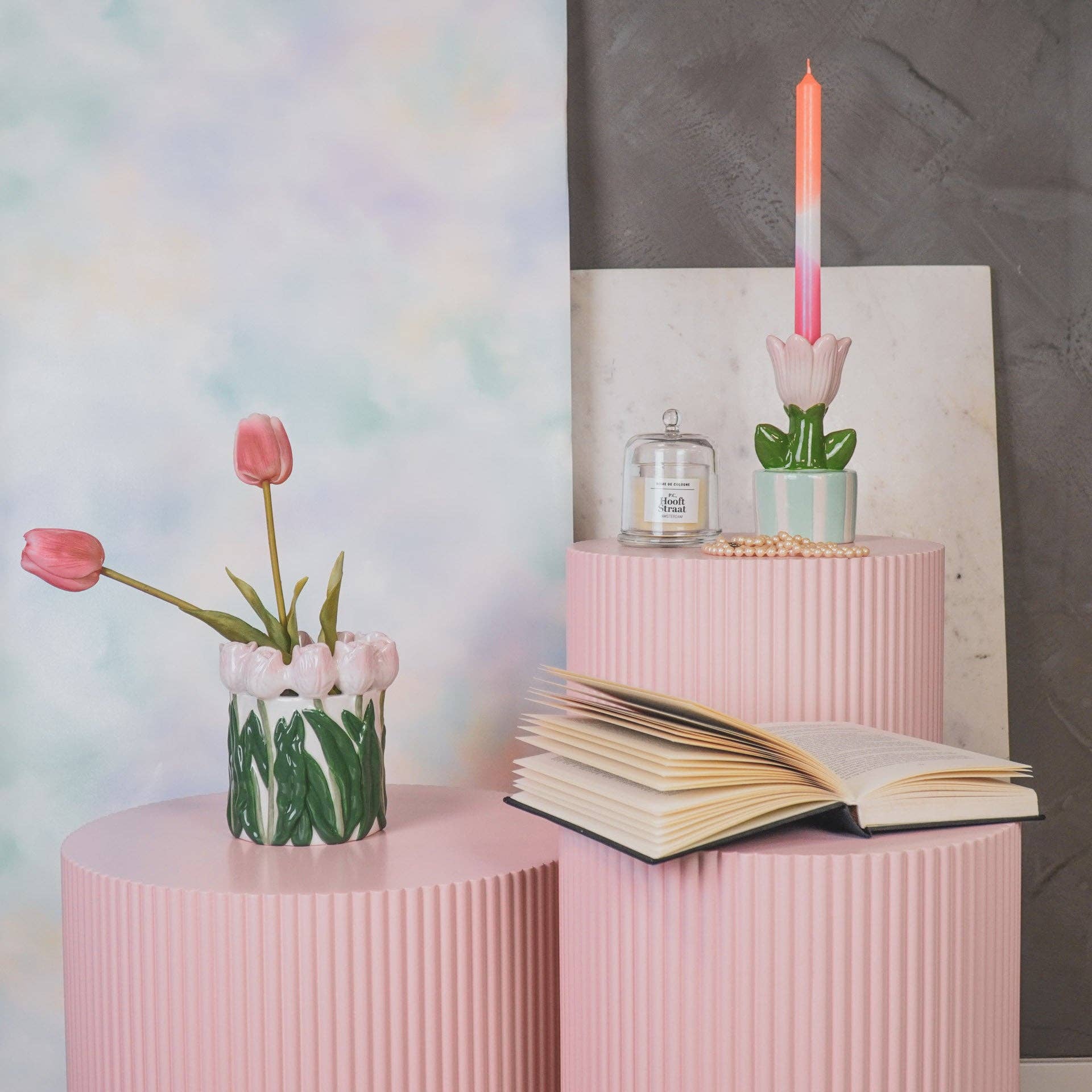 Tulips Vase | Light Pink & Green | Straight Sides