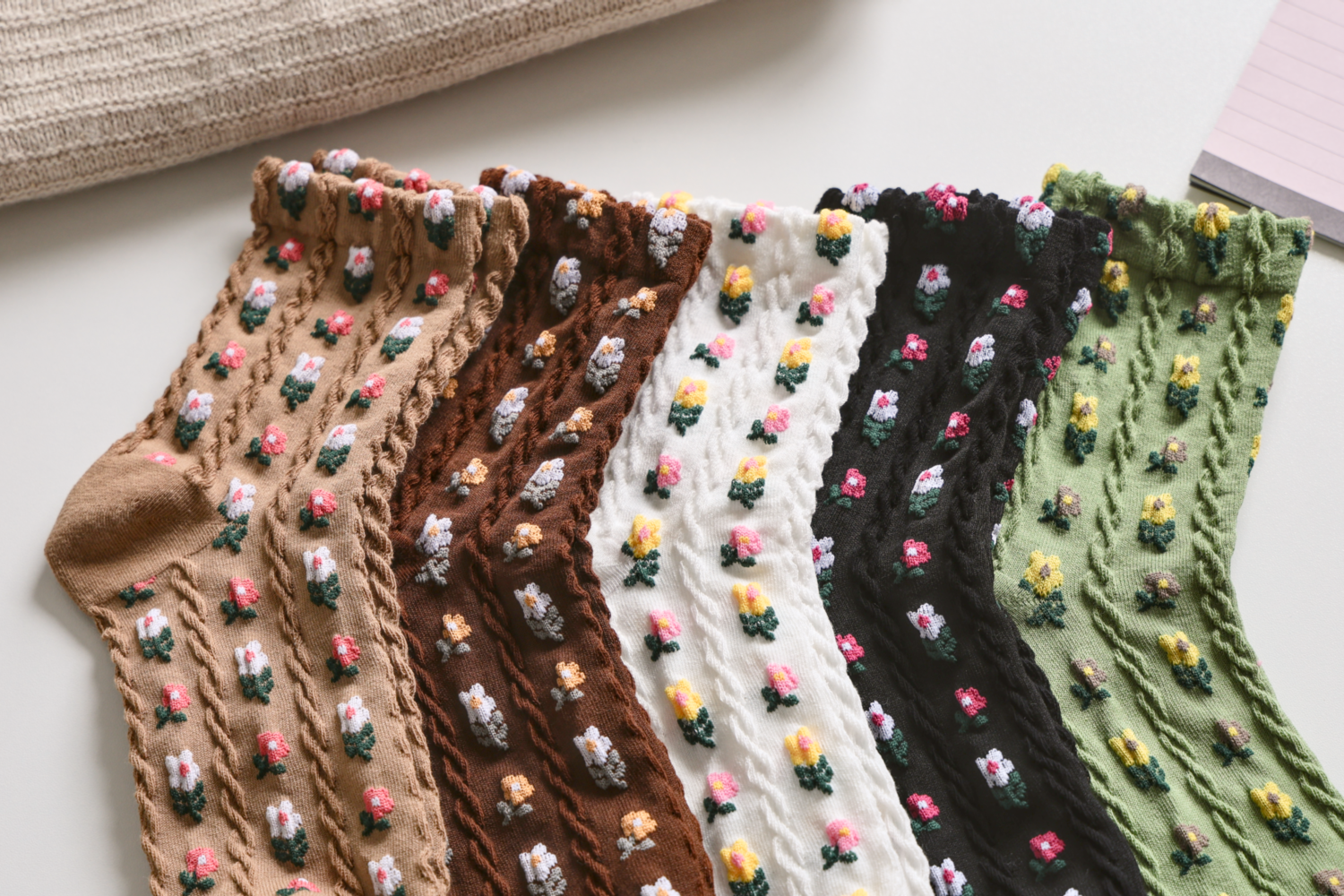 Small Floral Socks Knitted Cotton Socks | 3 Colours Available