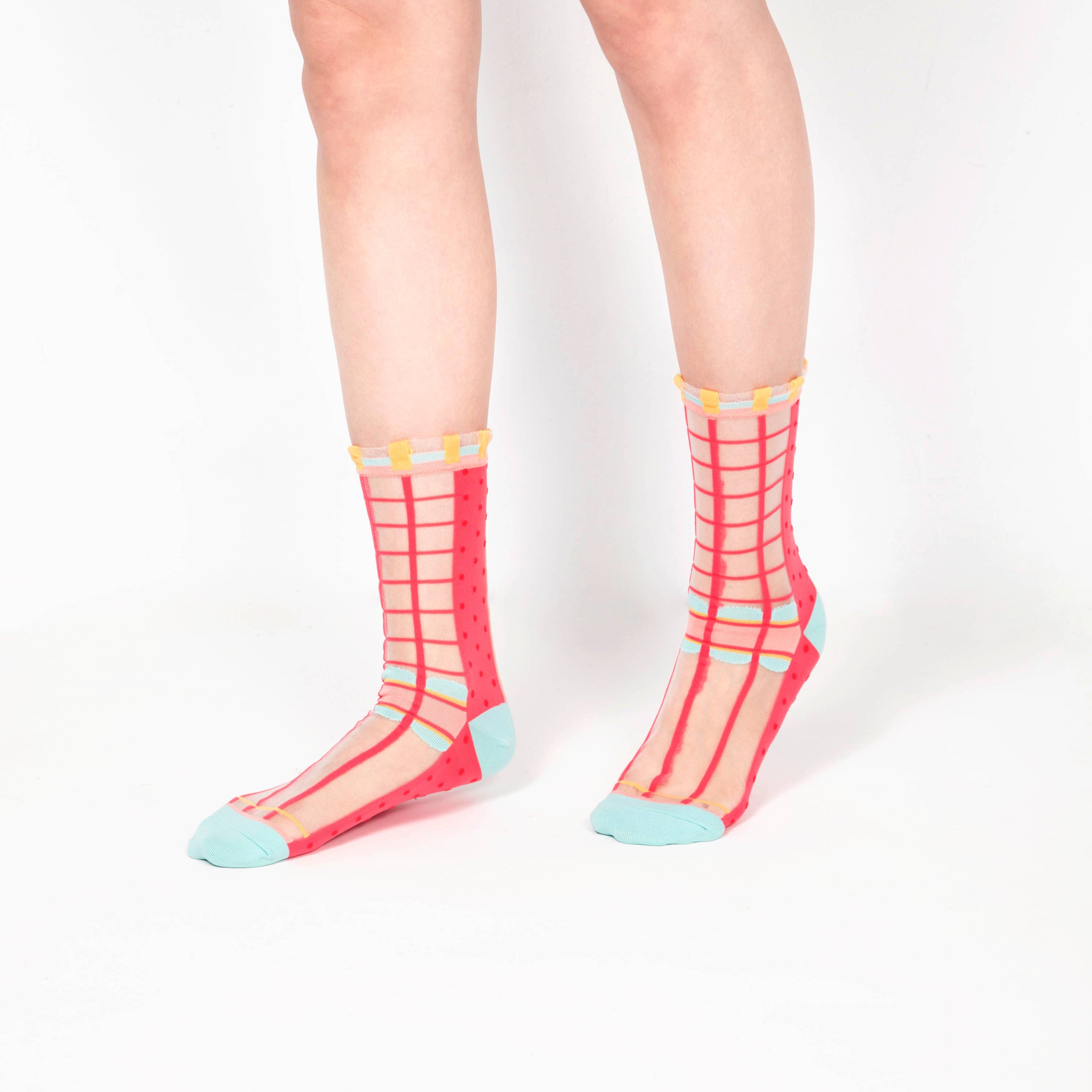 Grids with Polka Dots Sheer Socks | Watermelon Pink