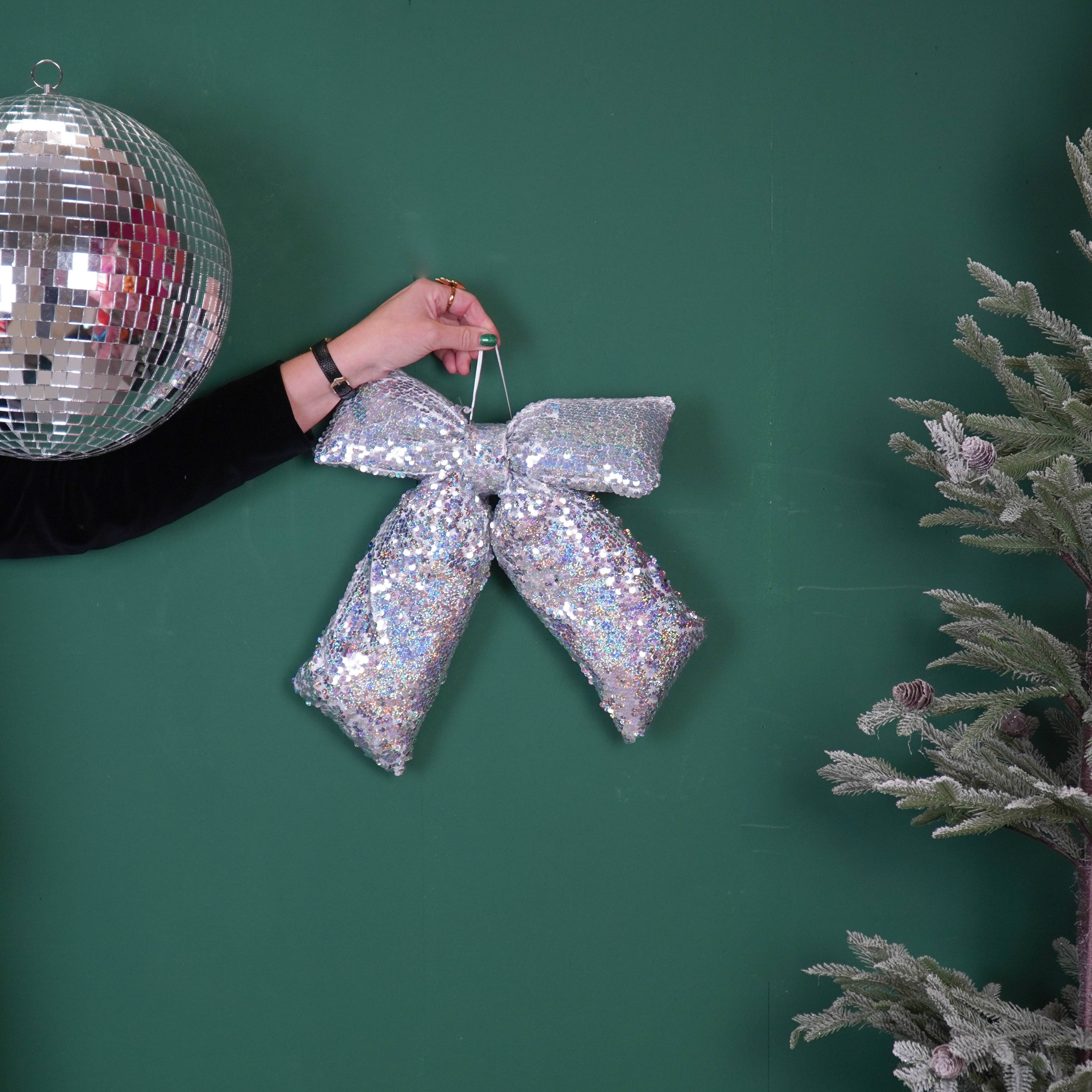 Silver Sequins Fabric Bow Christmas Decoration