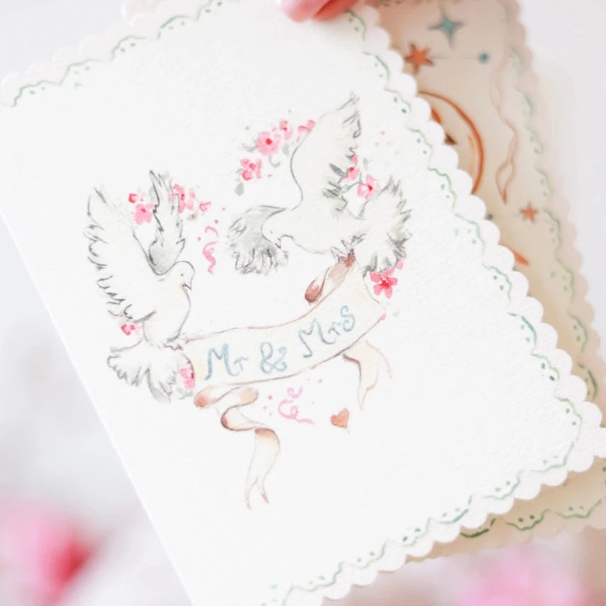 'Mr & Mrs' Doves Scalloped Greetings Card