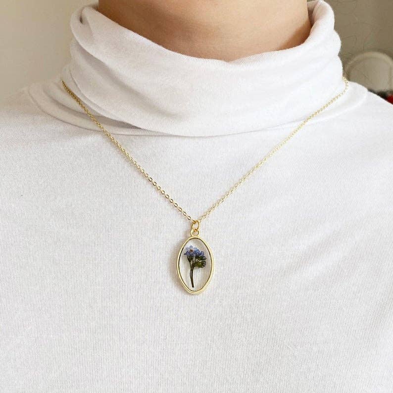 Forget Me Not Framed Pressed Flower Resin Necklace