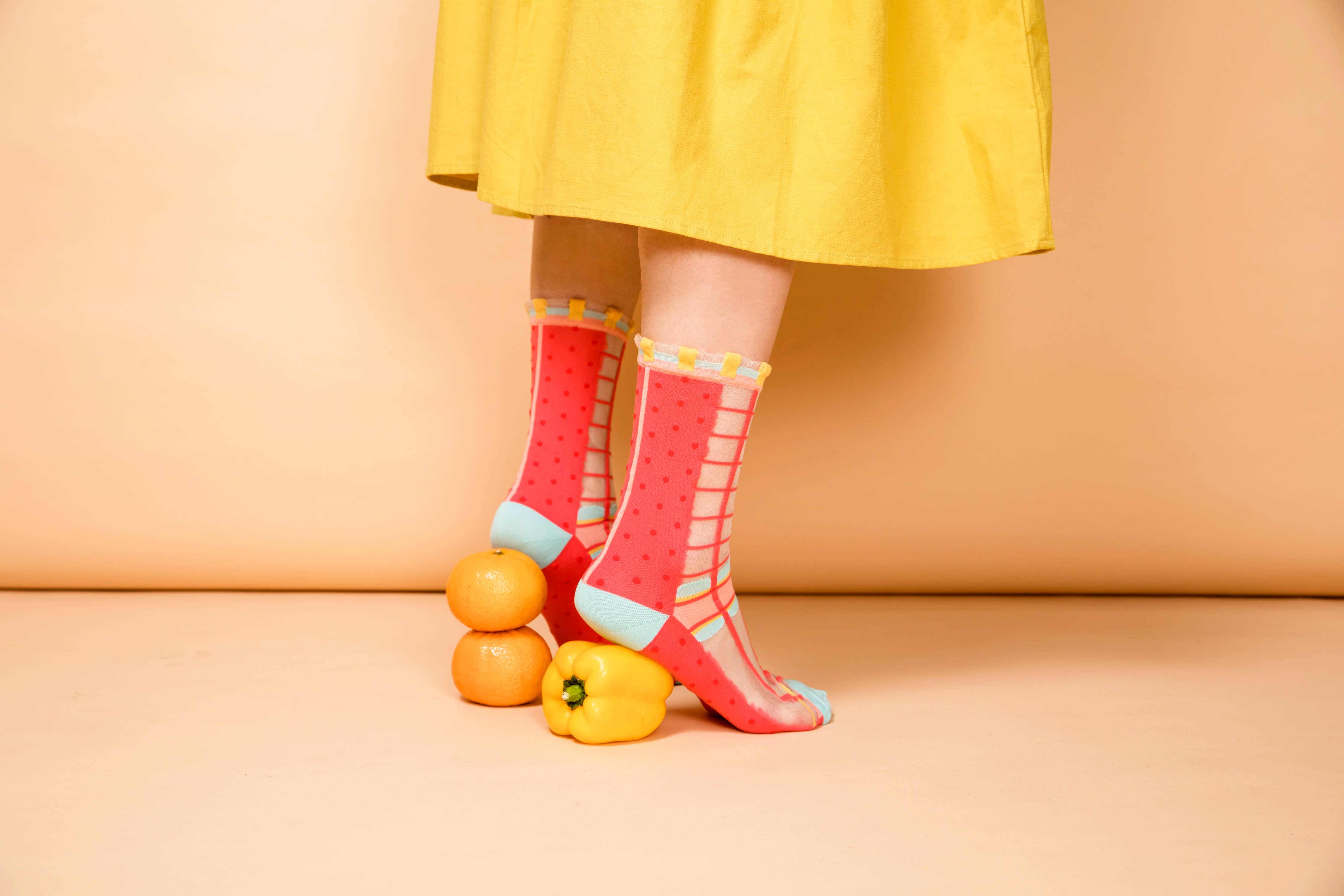 Grids with Polka Dots Sheer Socks | Watermelon Pink