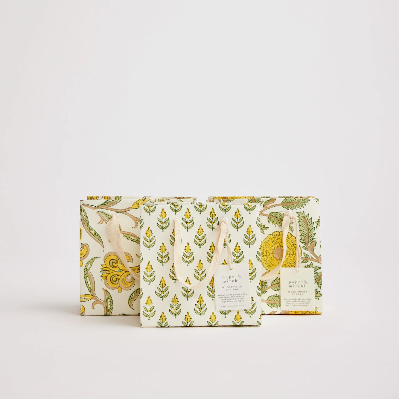 Block Printed Gift Bags | 3 Yellow Designs & 3 Sizes Available