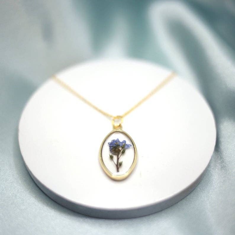 Forget Me Not Framed Pressed Flower Resin Necklace
