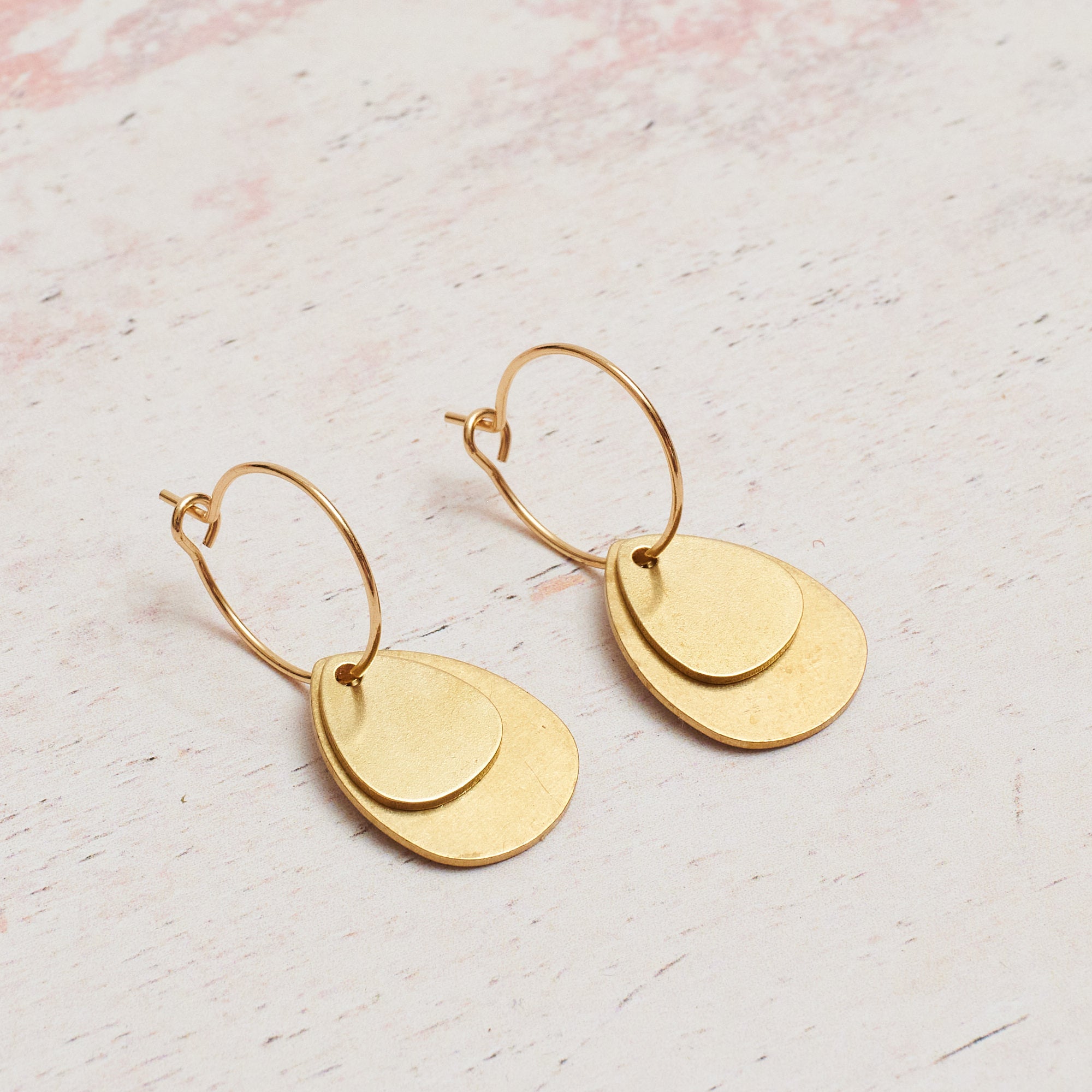 Gold Plated Hoop Earring with Double Tear Brass Charm