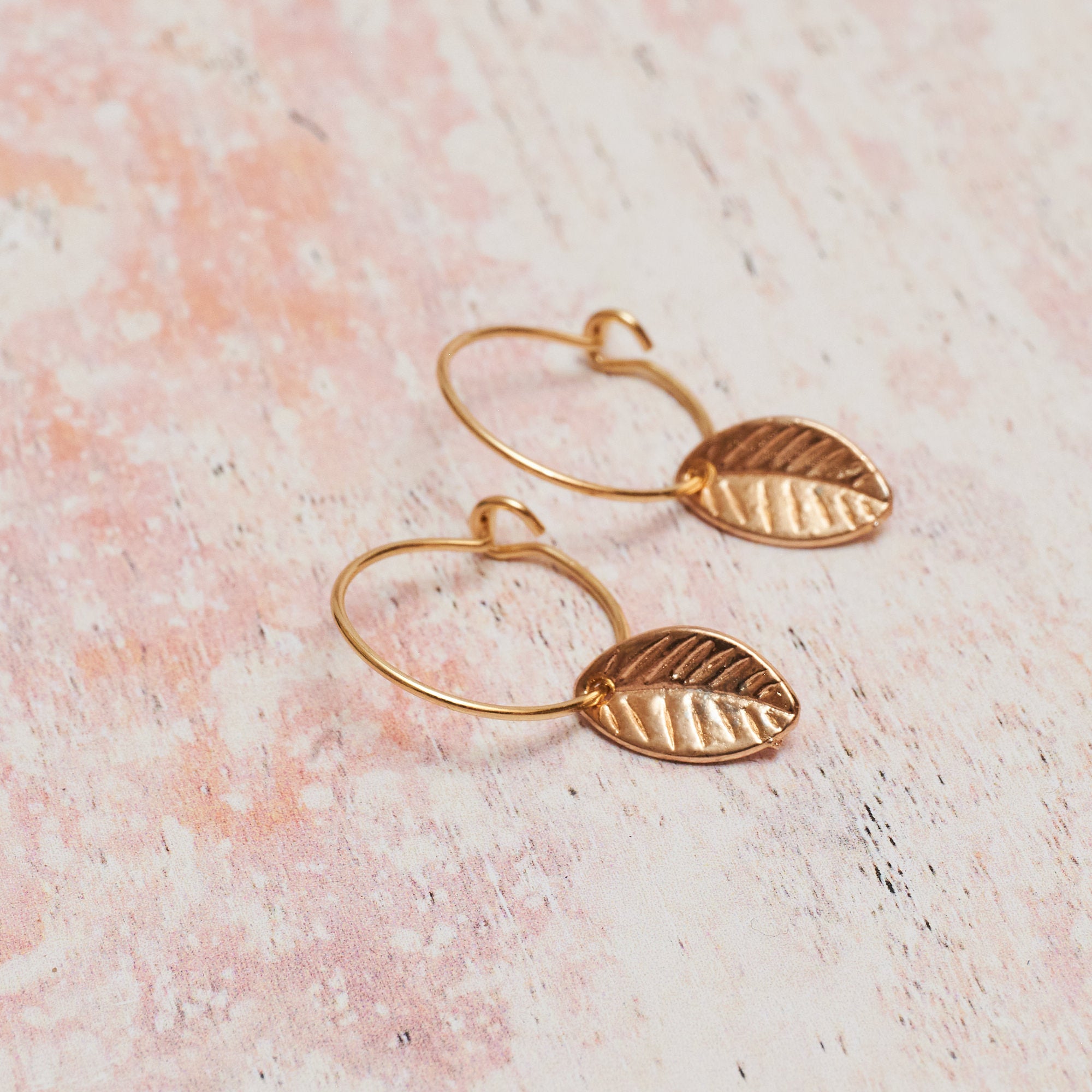 Gold Plated Hoop Earring with Brass Leaf Charm