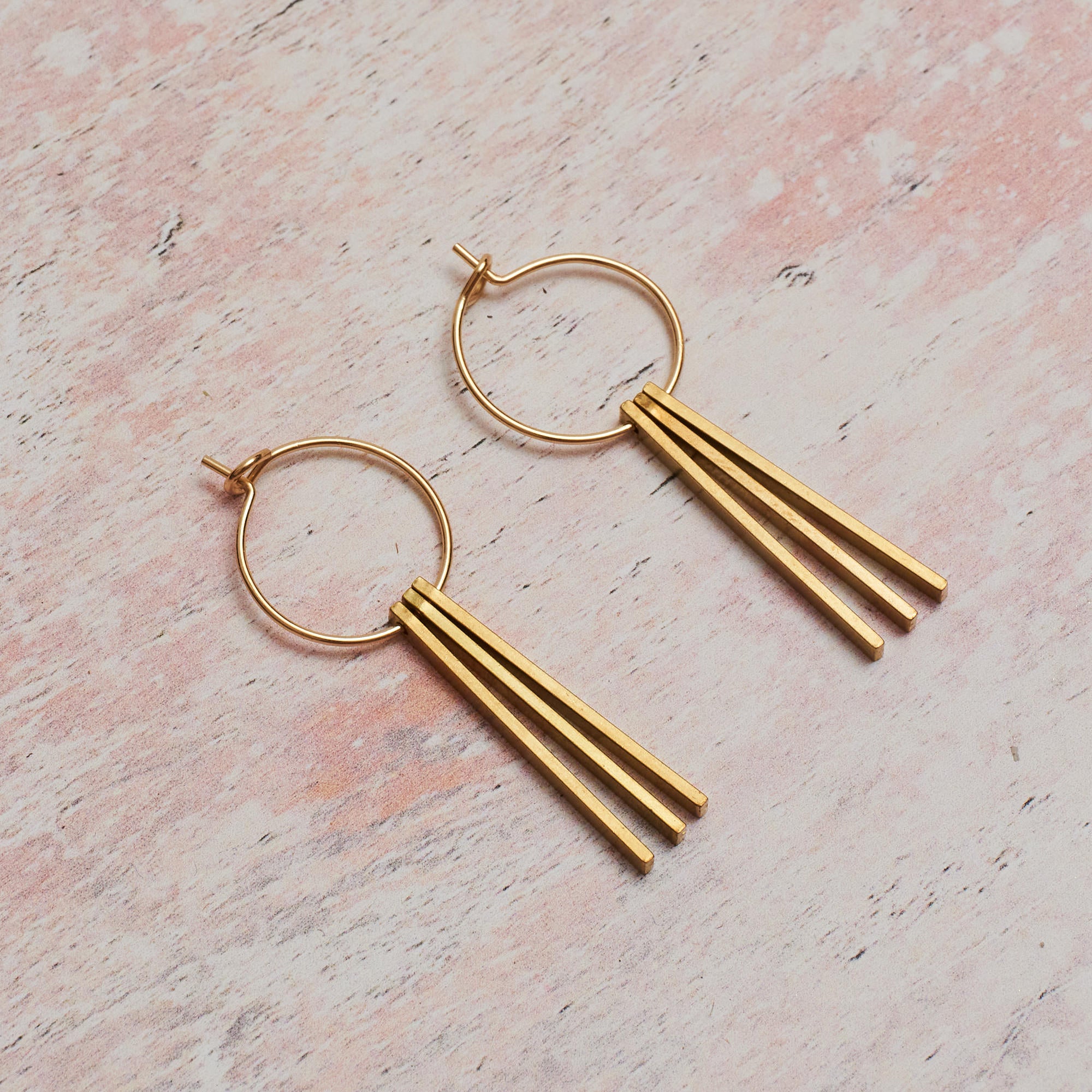 Gold Plated Hoop Earring with Brass Stacked Stick Charms