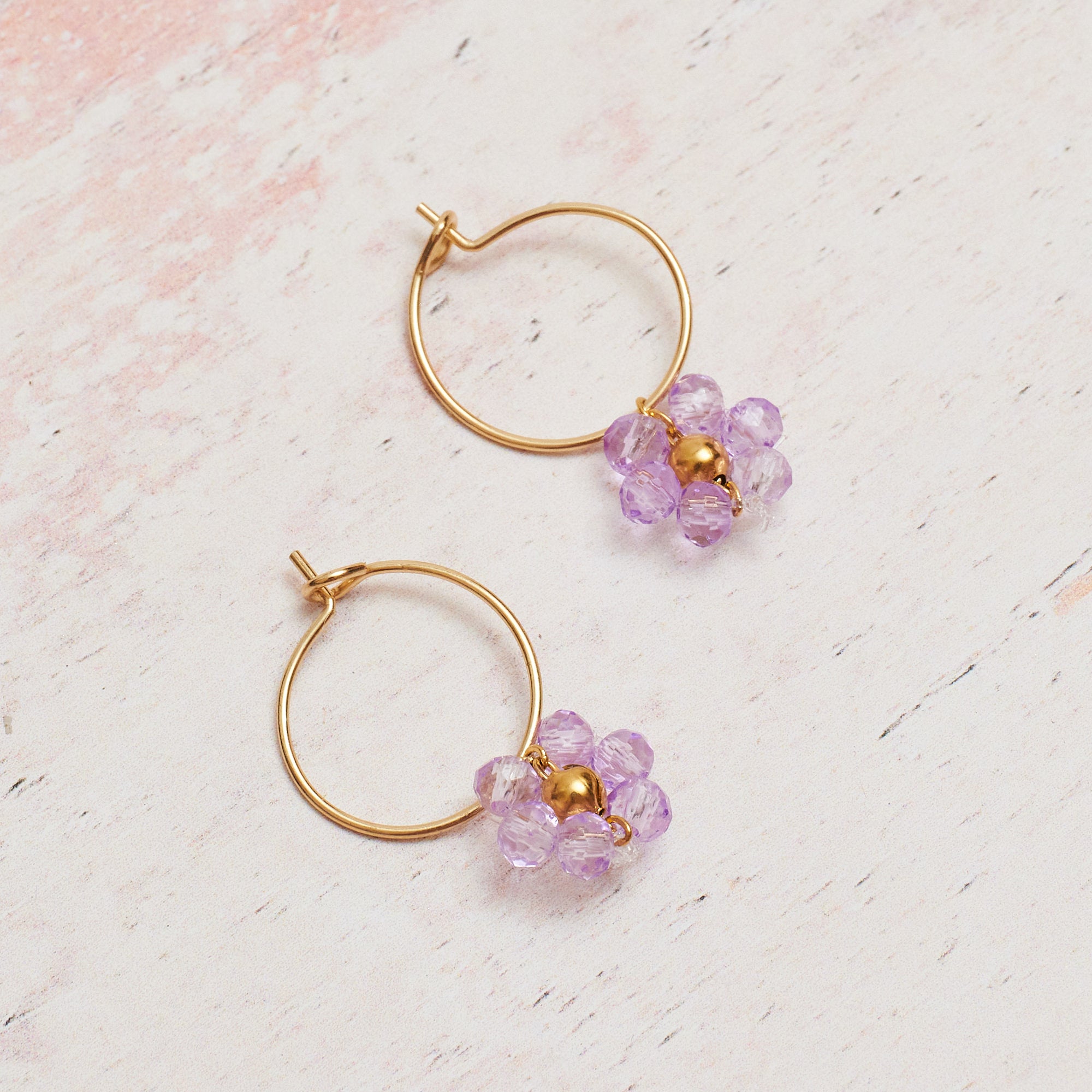 Gold Plated Hoop Earring with Beaded Daisies in Lilac