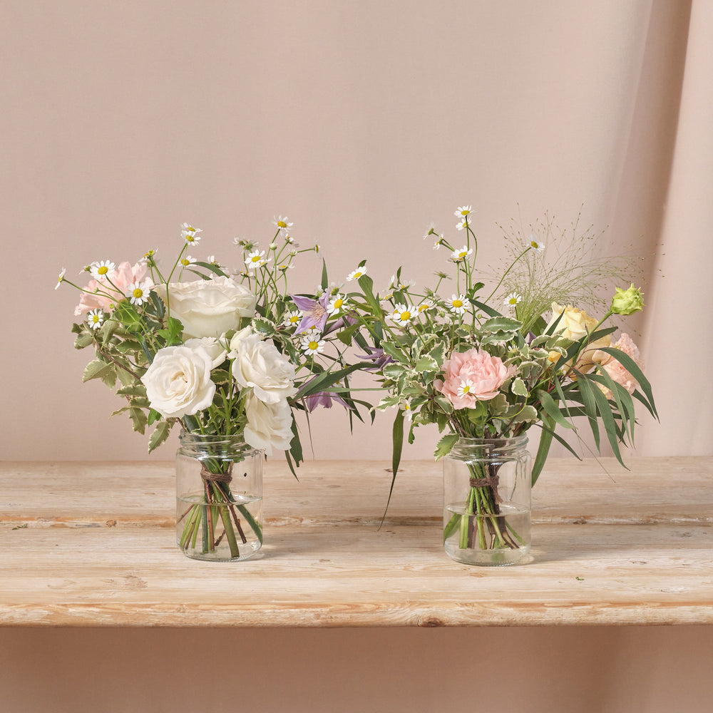Jam Jar Flower Arrangement in Pastel Wildflowers | Wedding Flower ...