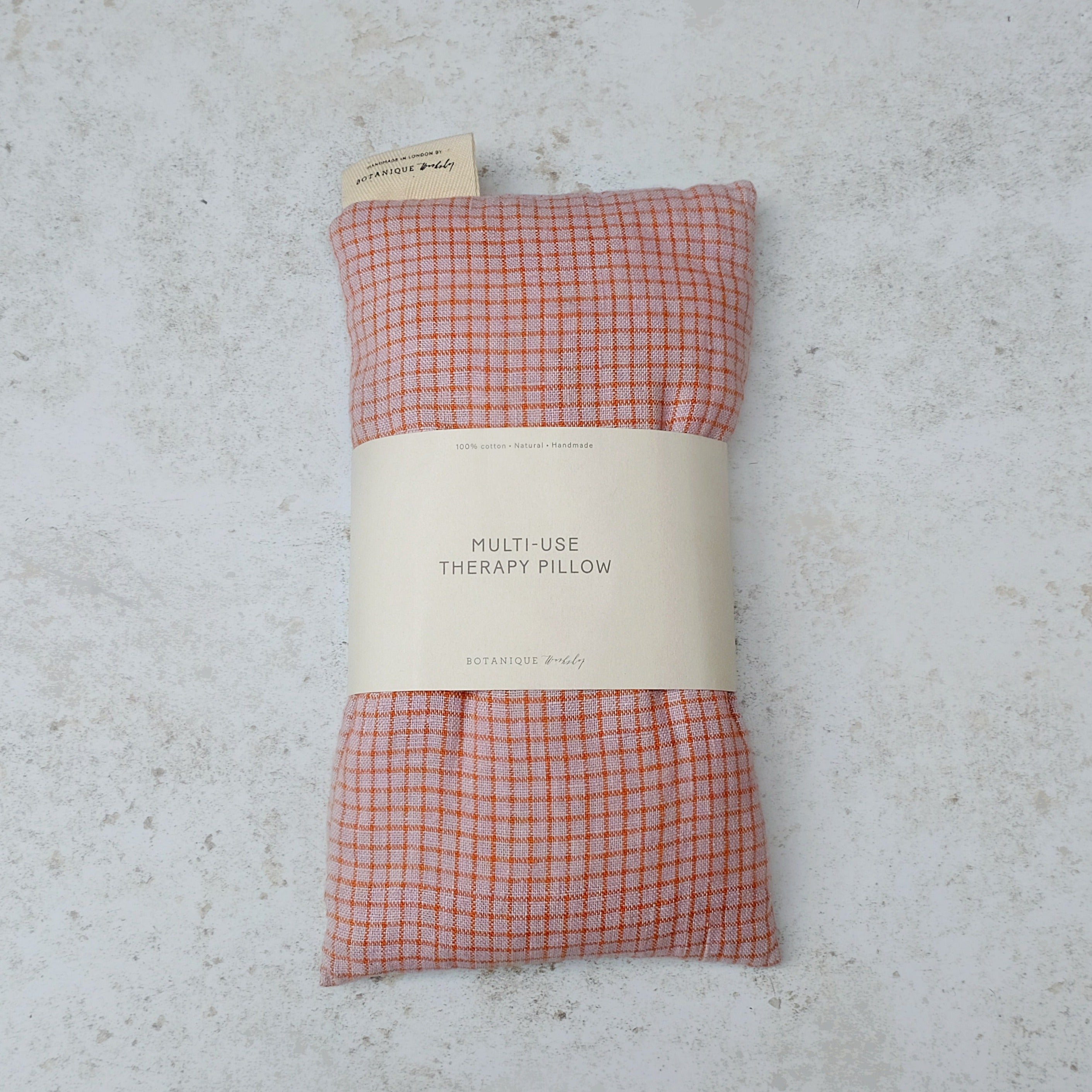 Pink grid pattern linen therapy pillow by Botanique Workshop