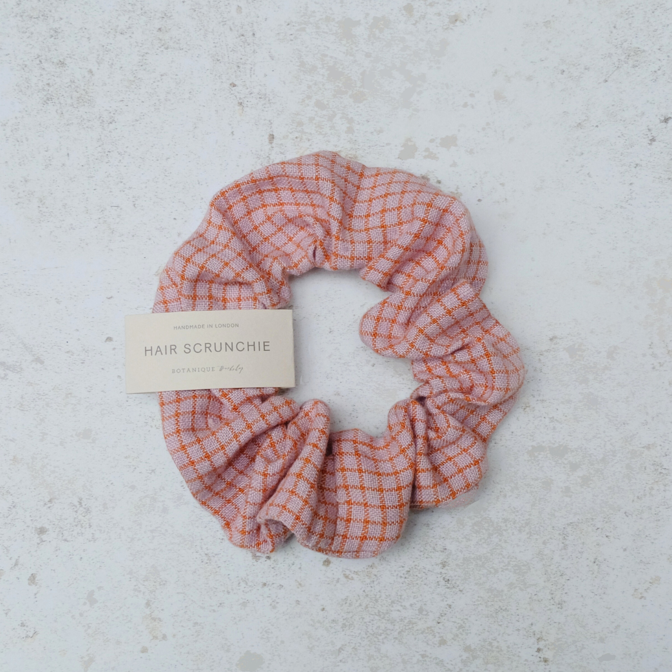 handmade linen scrunchie in pink gingham design