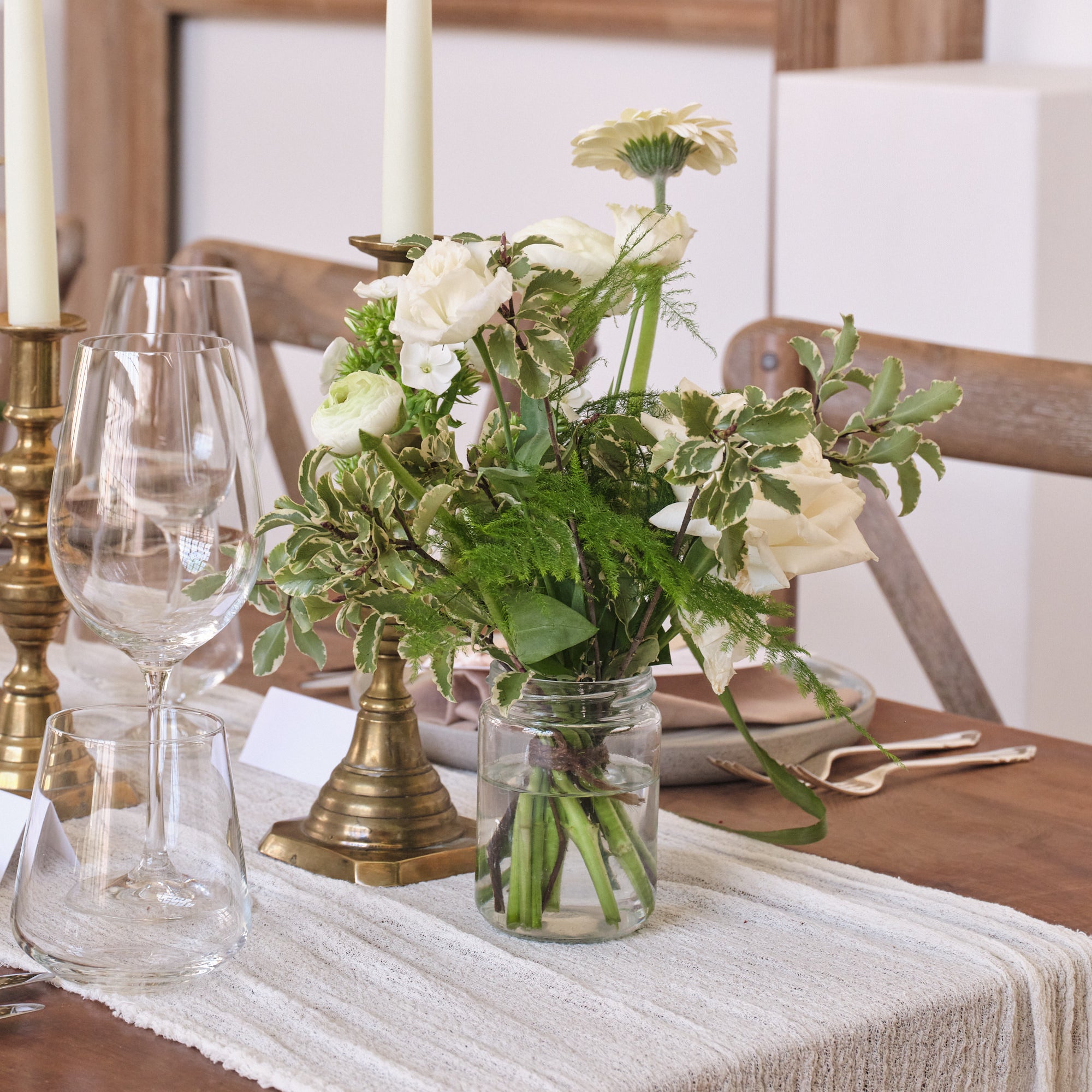 Whimsical Whites Jam Jar Arrangements