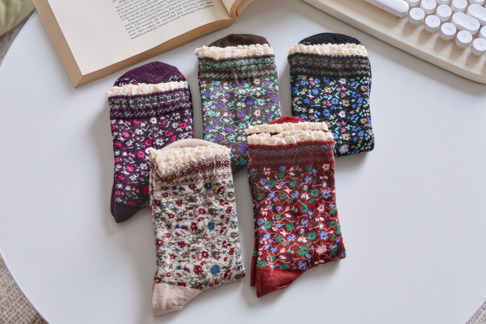 Lace-Trimmed Cotton Socks with Ditsy Floral Print | 3 Colours Available