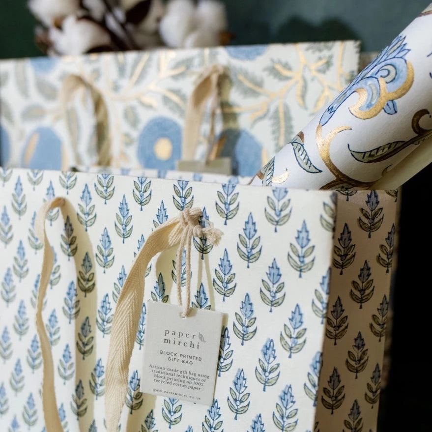Block Printed Gift Bags | 3 Blue Designs & 3 Sizes Available
