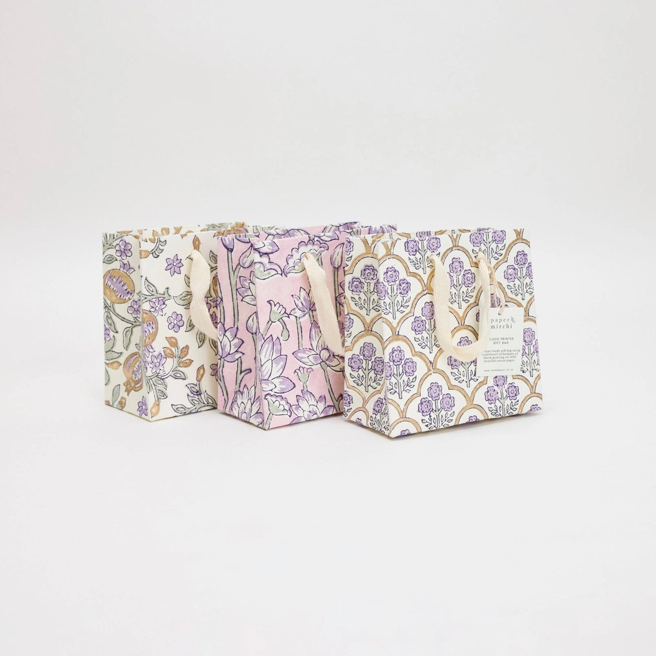 Block Printed Gift Bags | 3 Designs Available | Lavender | Small