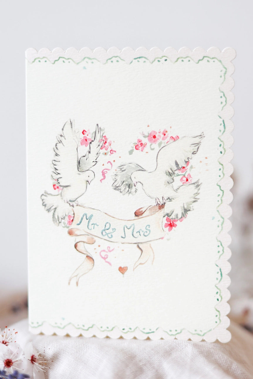 'Mr & Mrs' Doves Scalloped Greetings Card