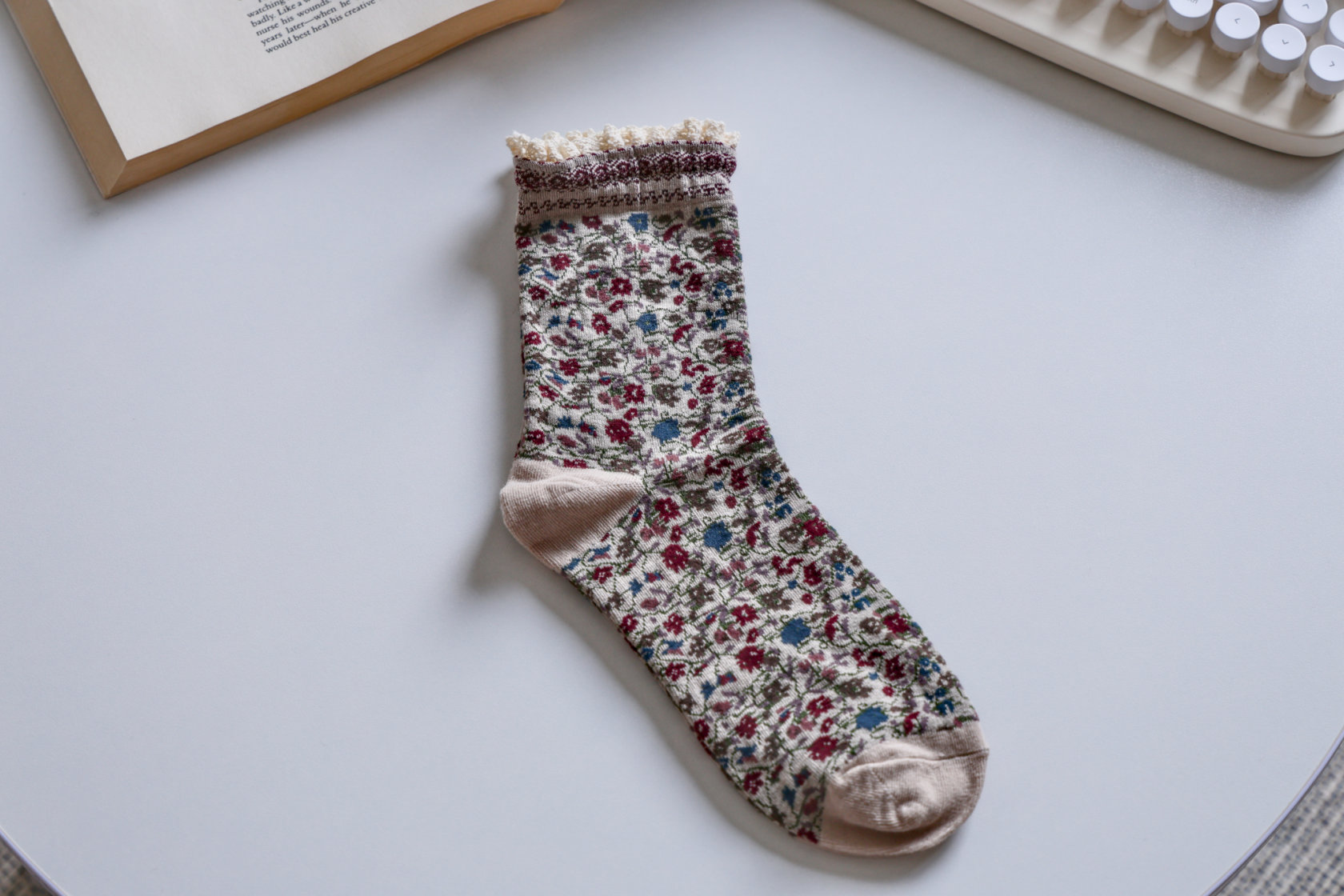 Lace-Trimmed Cotton Socks with Ditsy Floral Print | 3 Colours Available