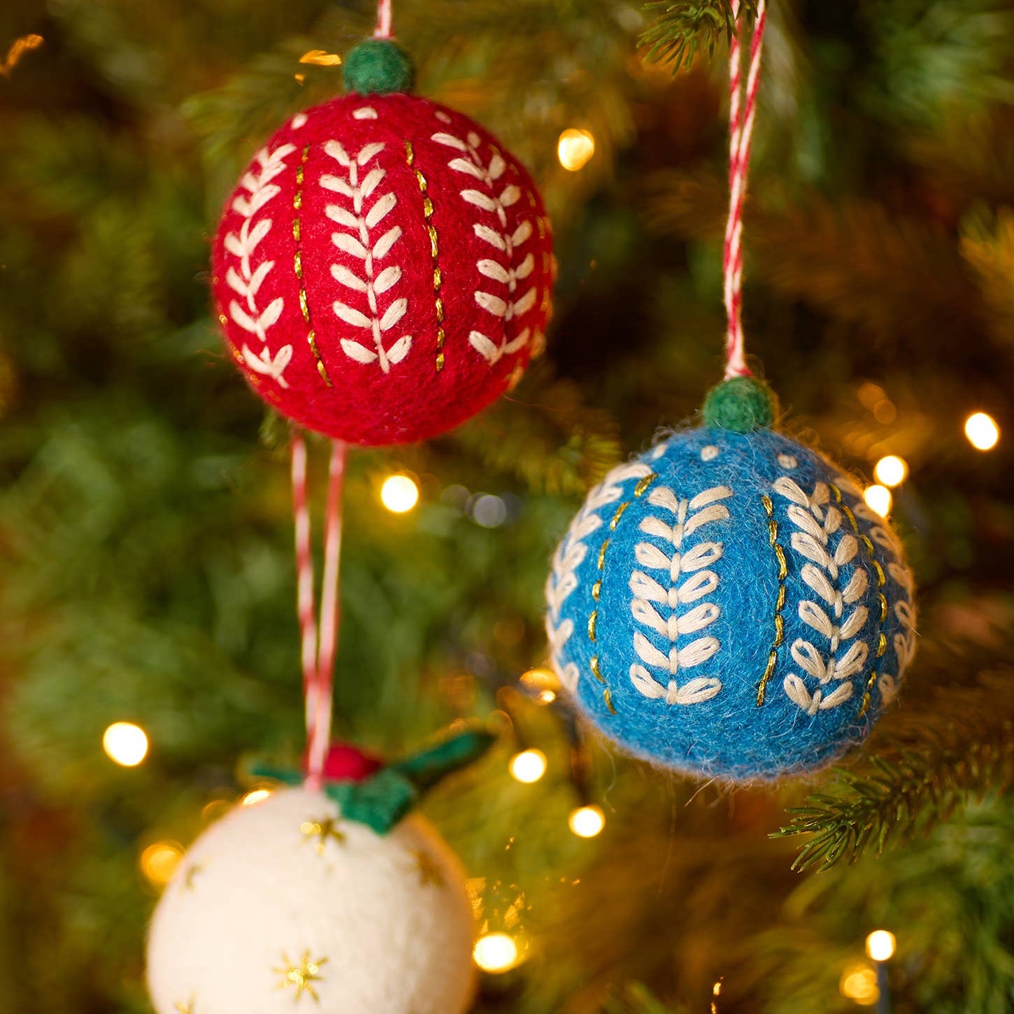 Embroidered Felt Christmas Baubles | 3 Colours Available