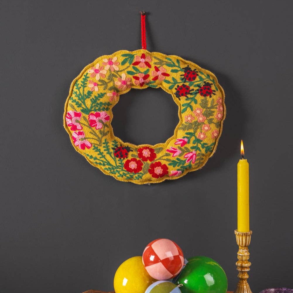 Ladybirds & Flowers Ochre Felt Wreath