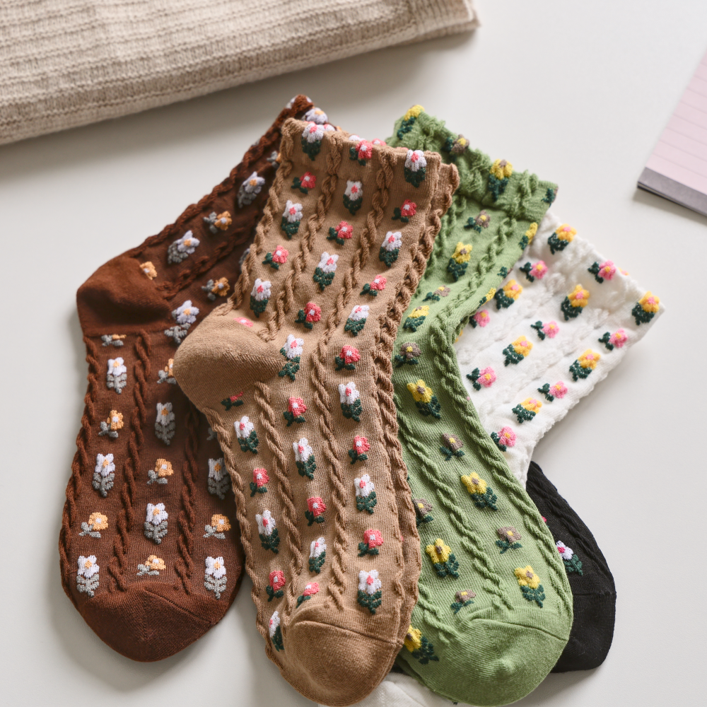 Small Floral Socks Knitted Cotton Socks | 3 Colours Available