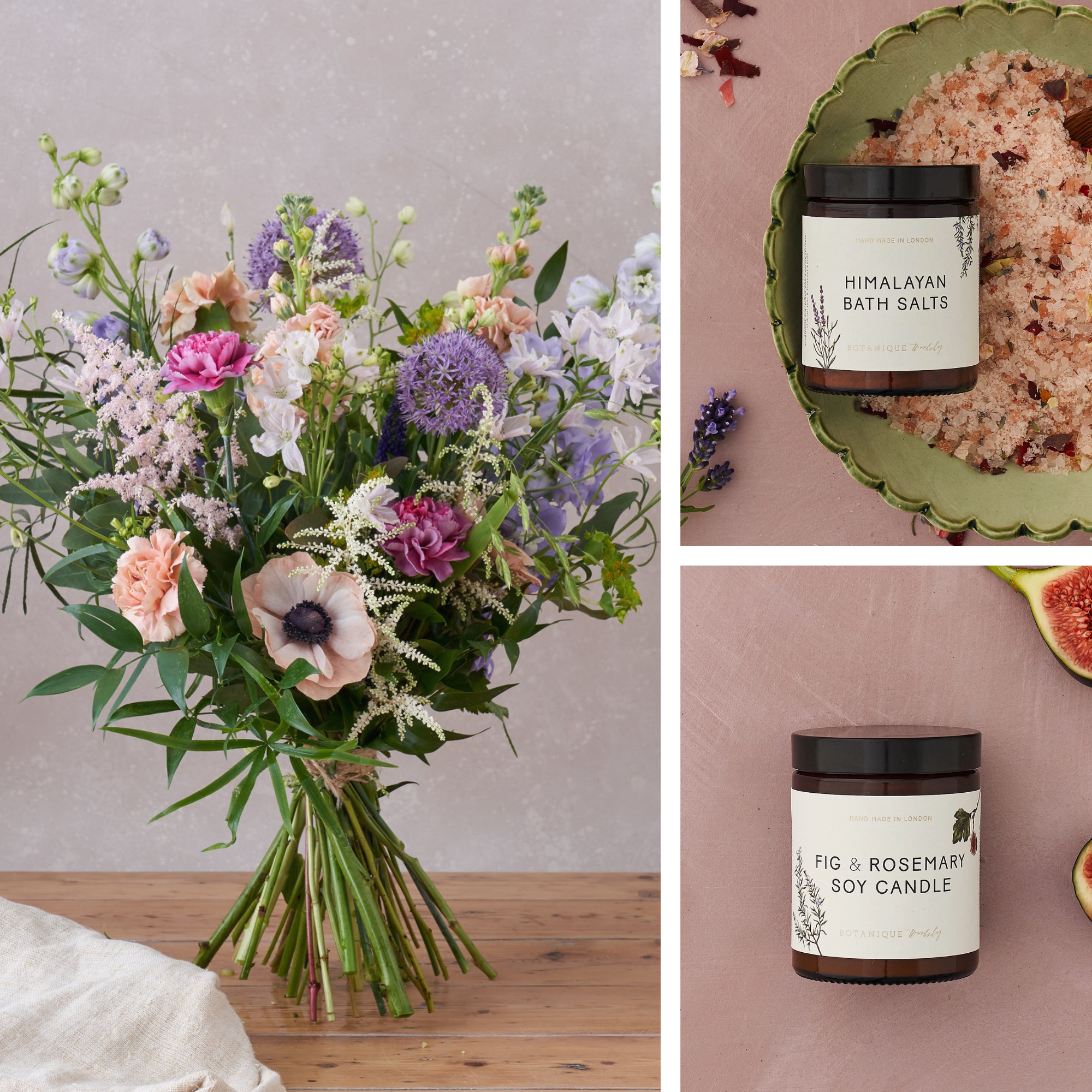 luxury gift set with flowers, bath salts and a candle by Botanique Workshop