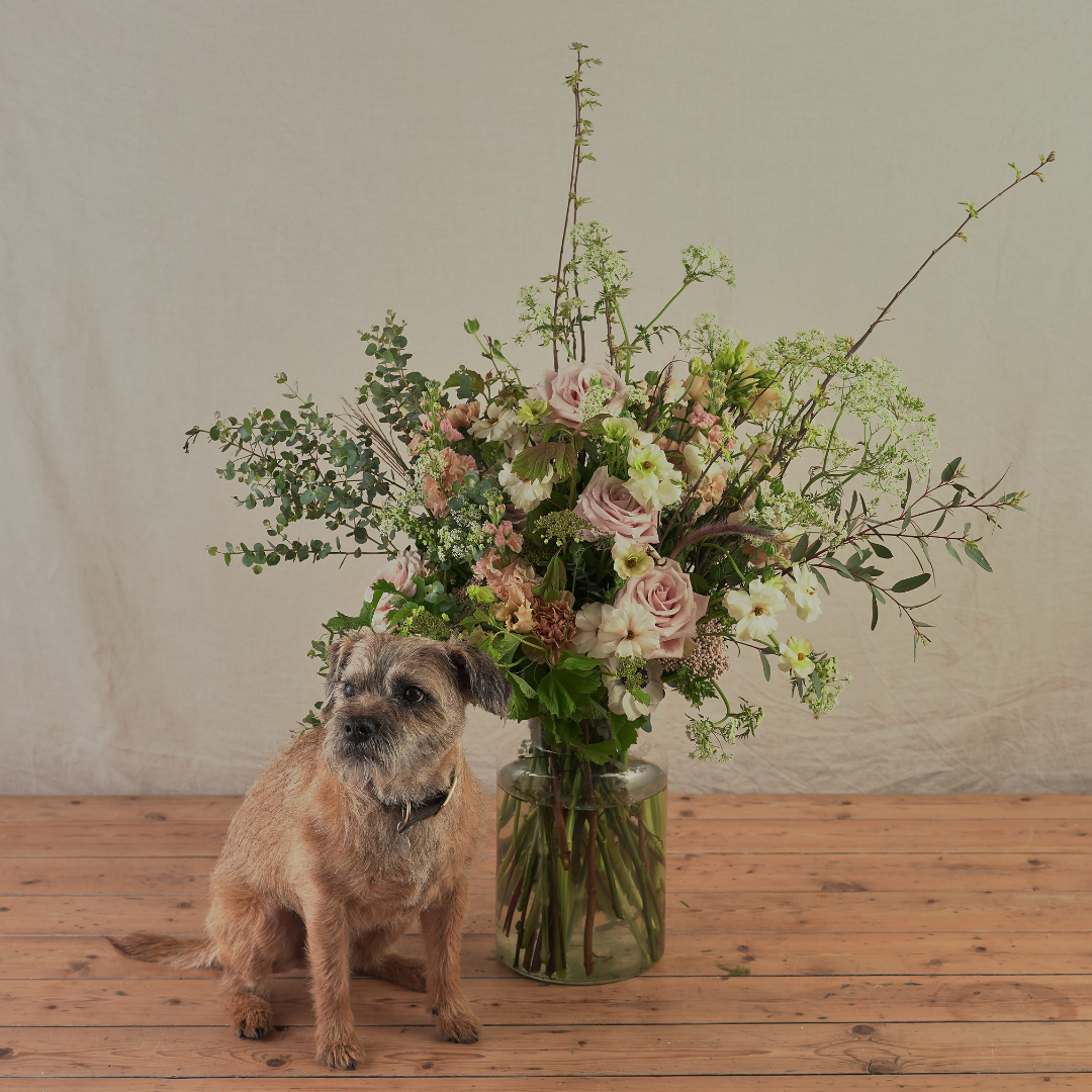 english country style vase arrangements for weddings in dusty pink colour palette